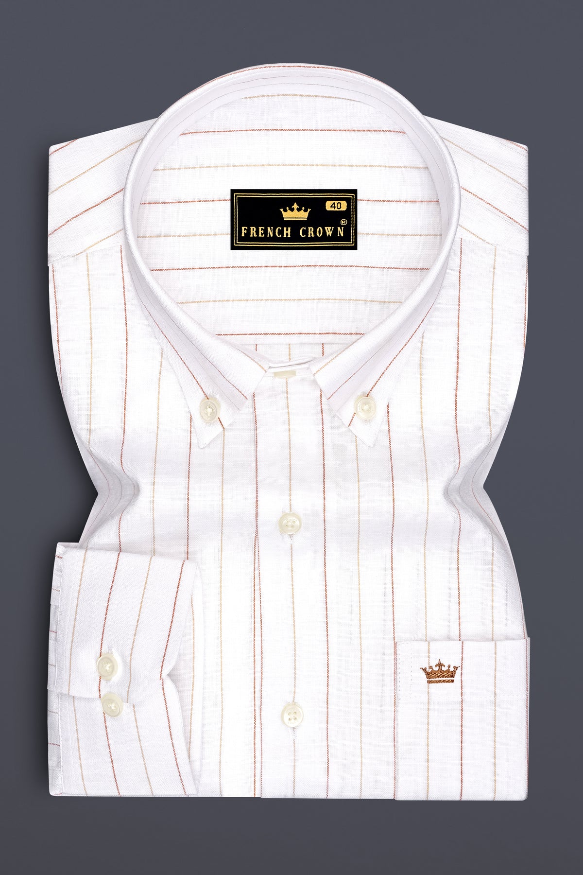 Solenne-Bright White And Auburn Orange Pin Striped Luxurious Linen Button Down Dress Shirt