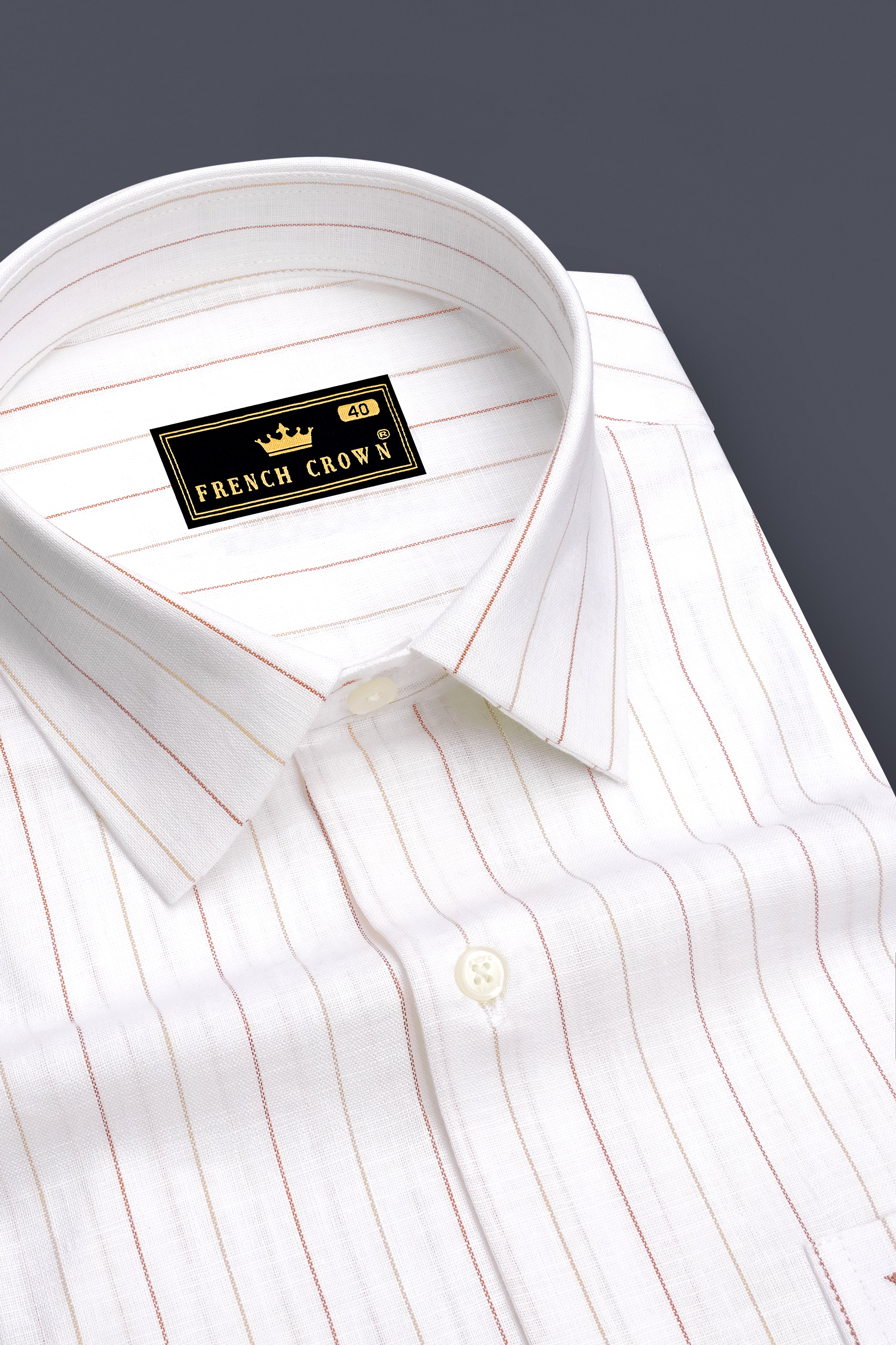 Solenne-Bright White And Auburn Orange Pin Striped Luxurious Linen Dress Shirt
