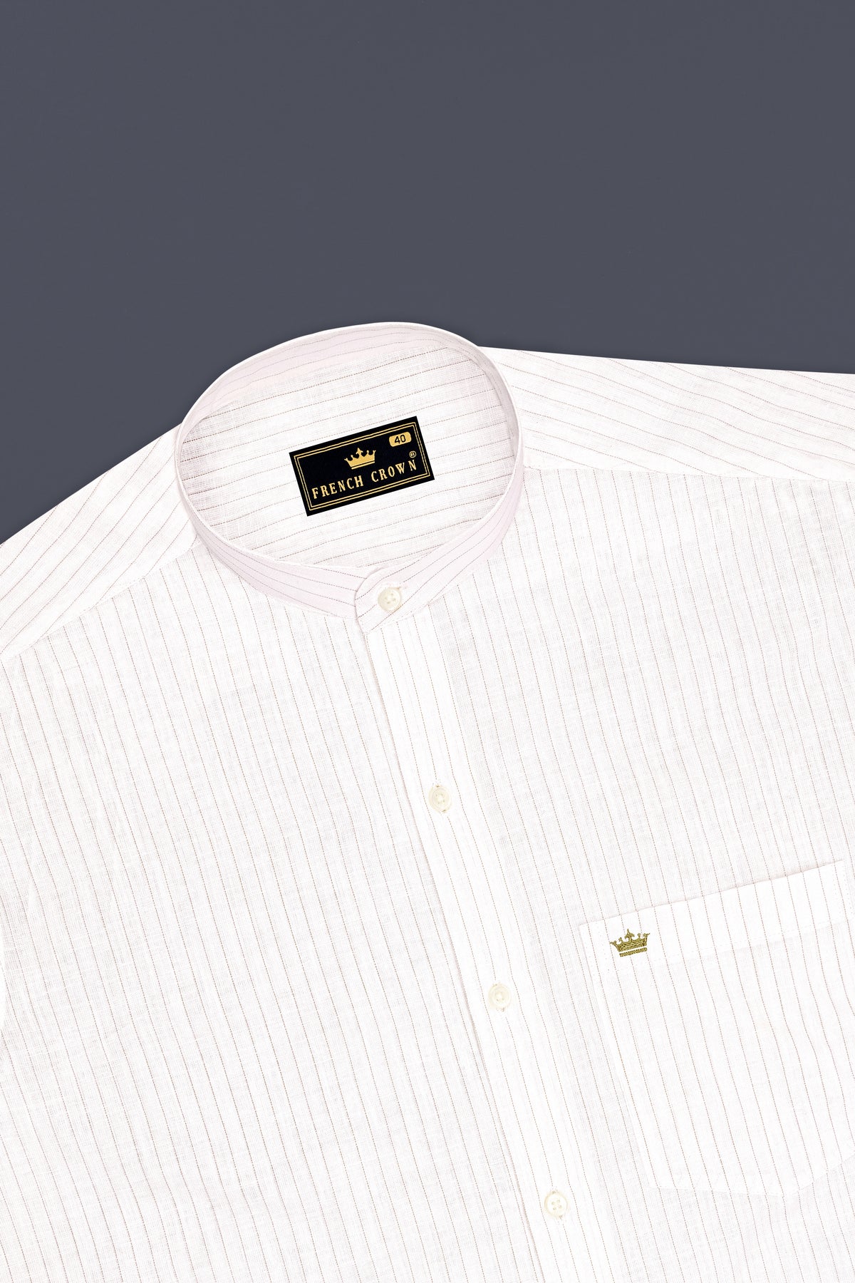 Siena-Bright White And Quicksand Brown Pin Striped Luxurious Linen Mandarin Casual Shirt