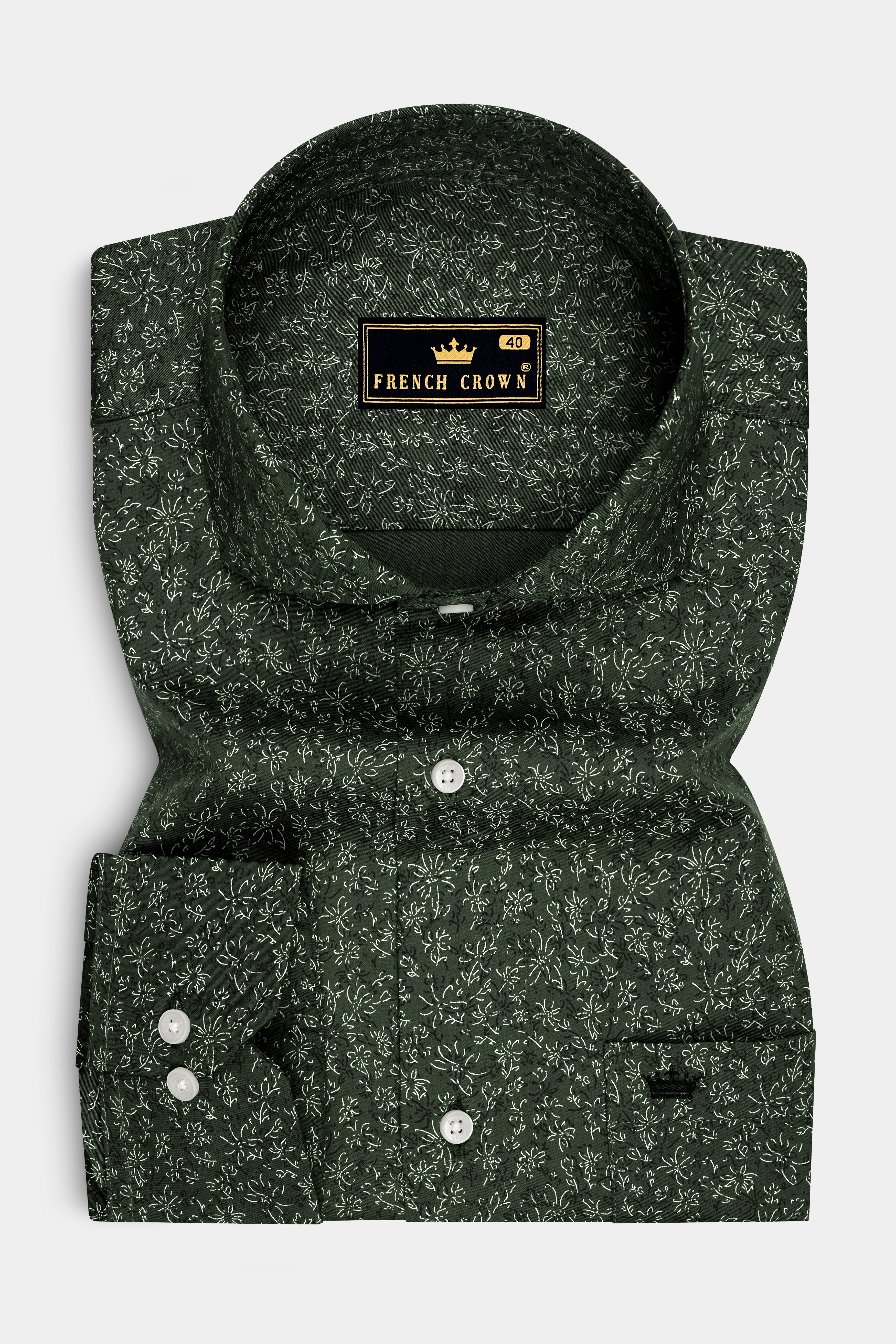 Viridian-Heavy Green Floral Vine Printed Subtle Sheen Soft Premium Cotton Cut Away Dress Shirt