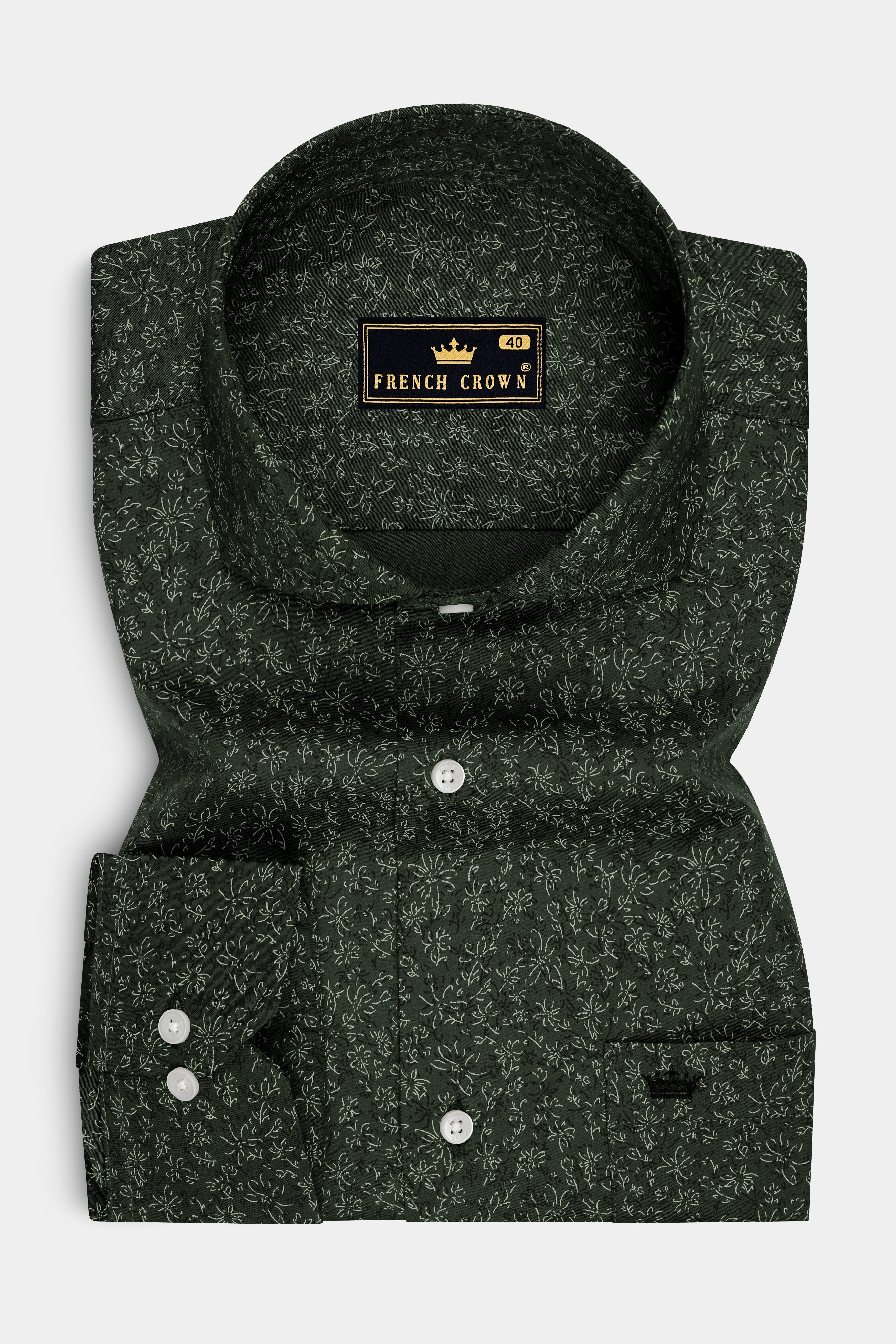 Viridian-Heavy Green Floral Vine Printed Subtle Sheen Soft Premium Cotton Cut Away Dress Shirt