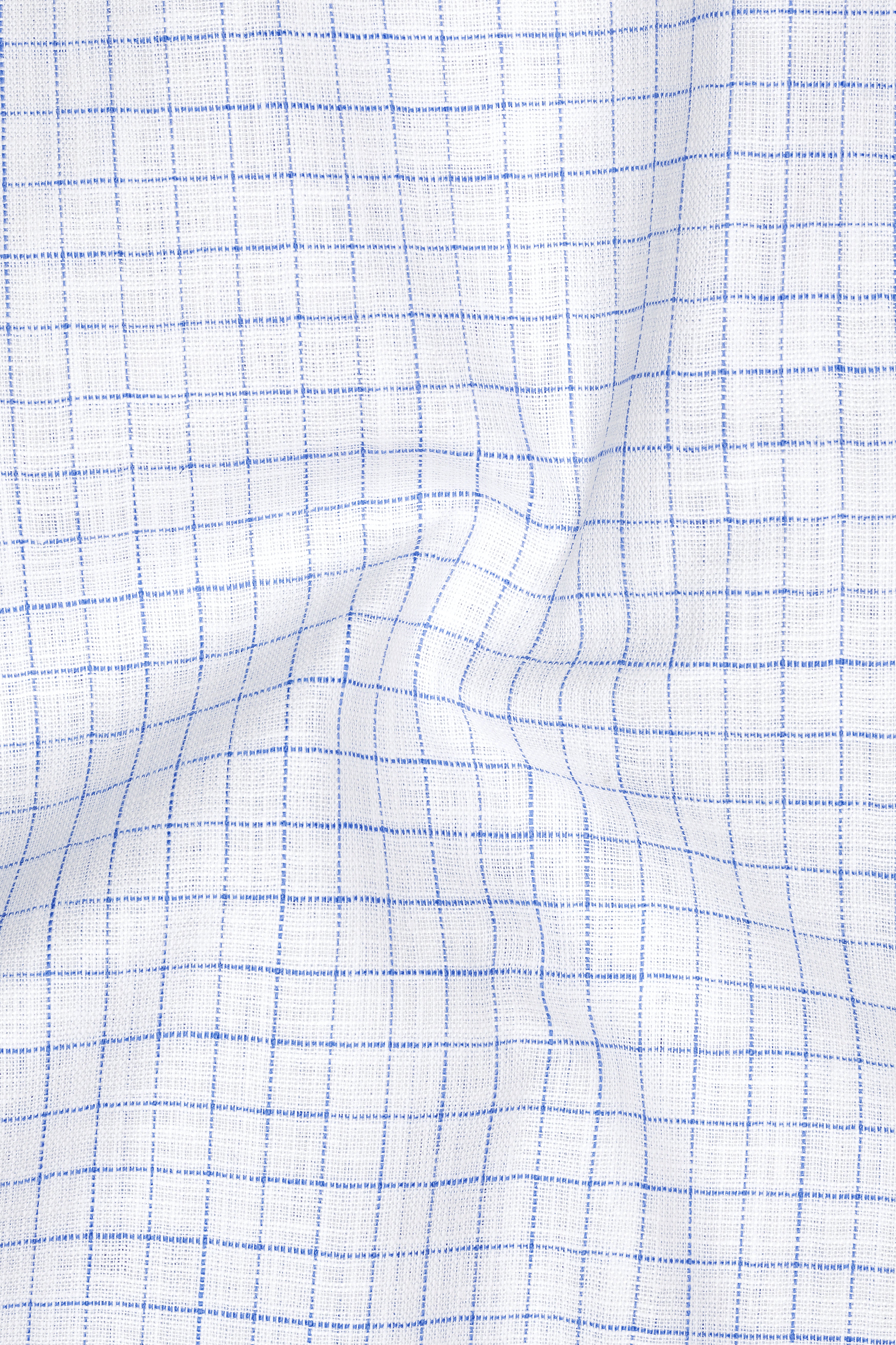 Breeze-Bright White And Tufts Blue Windowpane Luxurious Linen Mandarin Casual Shirt