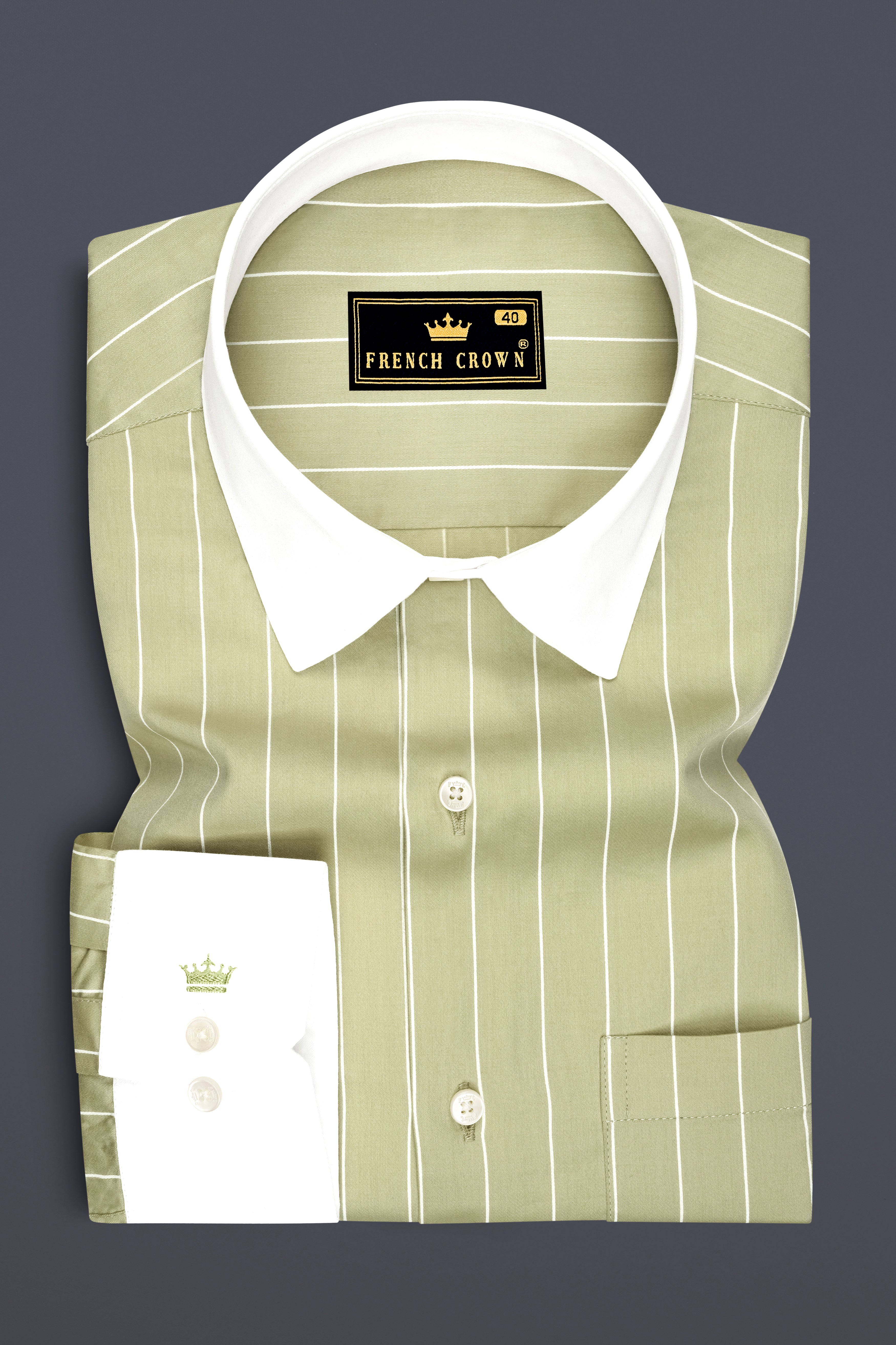 Verdant-Daiquiri Green And Bright White Pin Striped Subtle Sheen Premium Cotton White Cuff Collar Dress Shirt