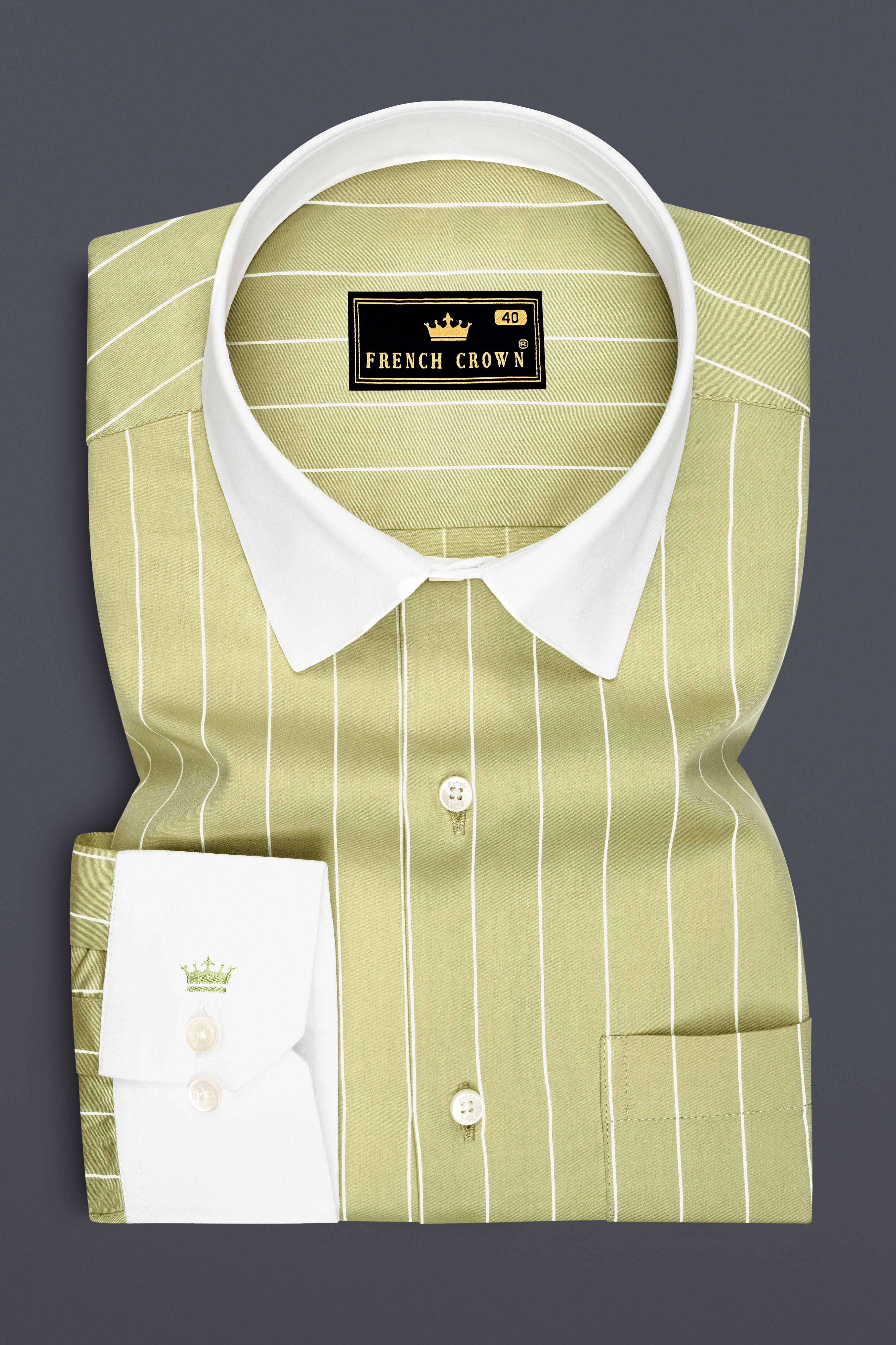 Verdant-Daiquiri Green And Bright White Pin Striped Subtle Sheen Premium Cotton White Cuff Collar Dress Shirt