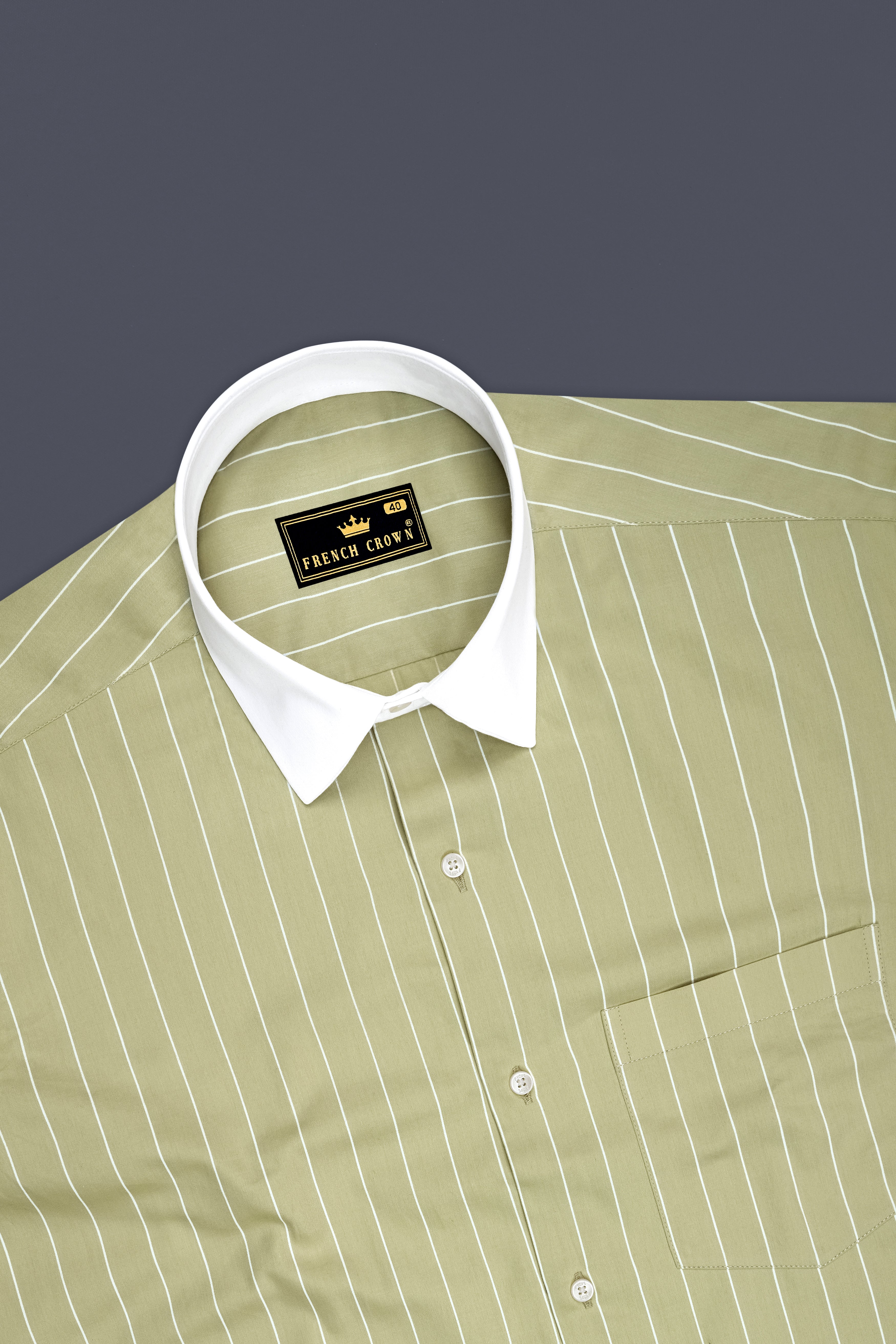 Verdant-Daiquiri Green And Bright White Pin Striped Subtle Sheen Premium Cotton White Cuff Collar Dress Shirt