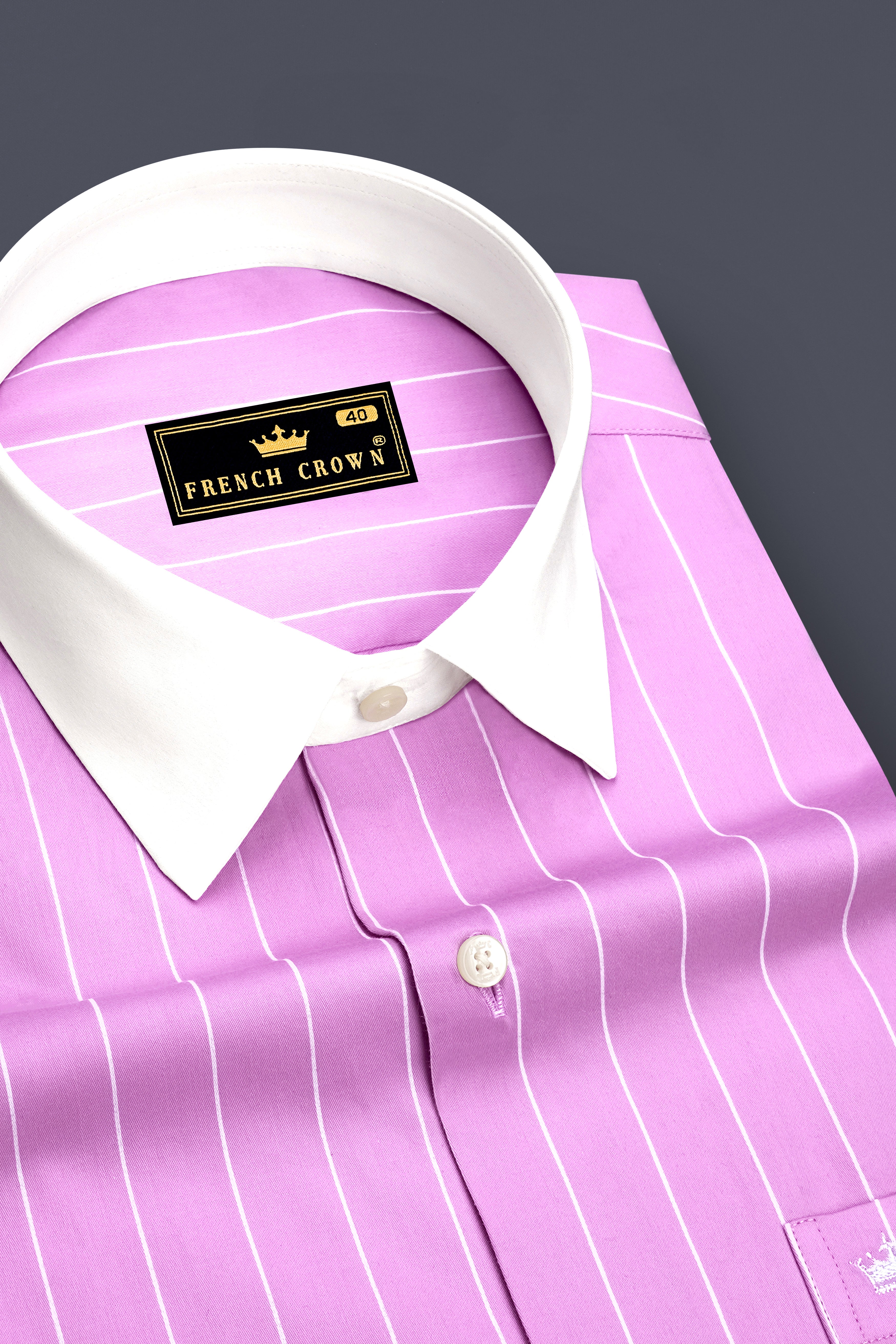 Rosario-Blossom Pink And Bright White Pin Striped Subtle Sheen Premium Cotton White Cuff Collar Dress Shirt