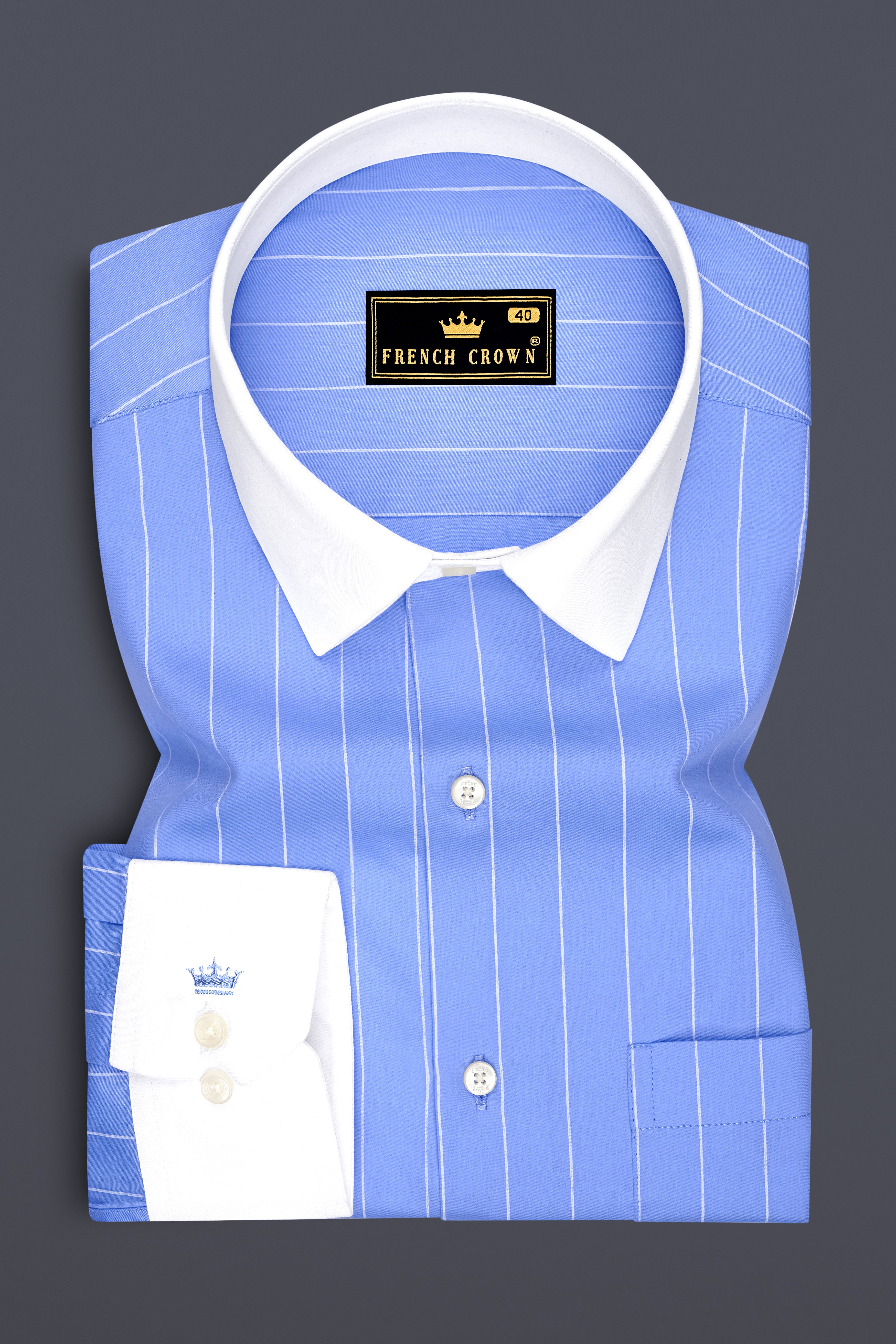 Elaris-Periwinkle Blue And Bright White Pin Striped Subtle Sheen Premium Cotton White Cuff Collar Dress Shirt