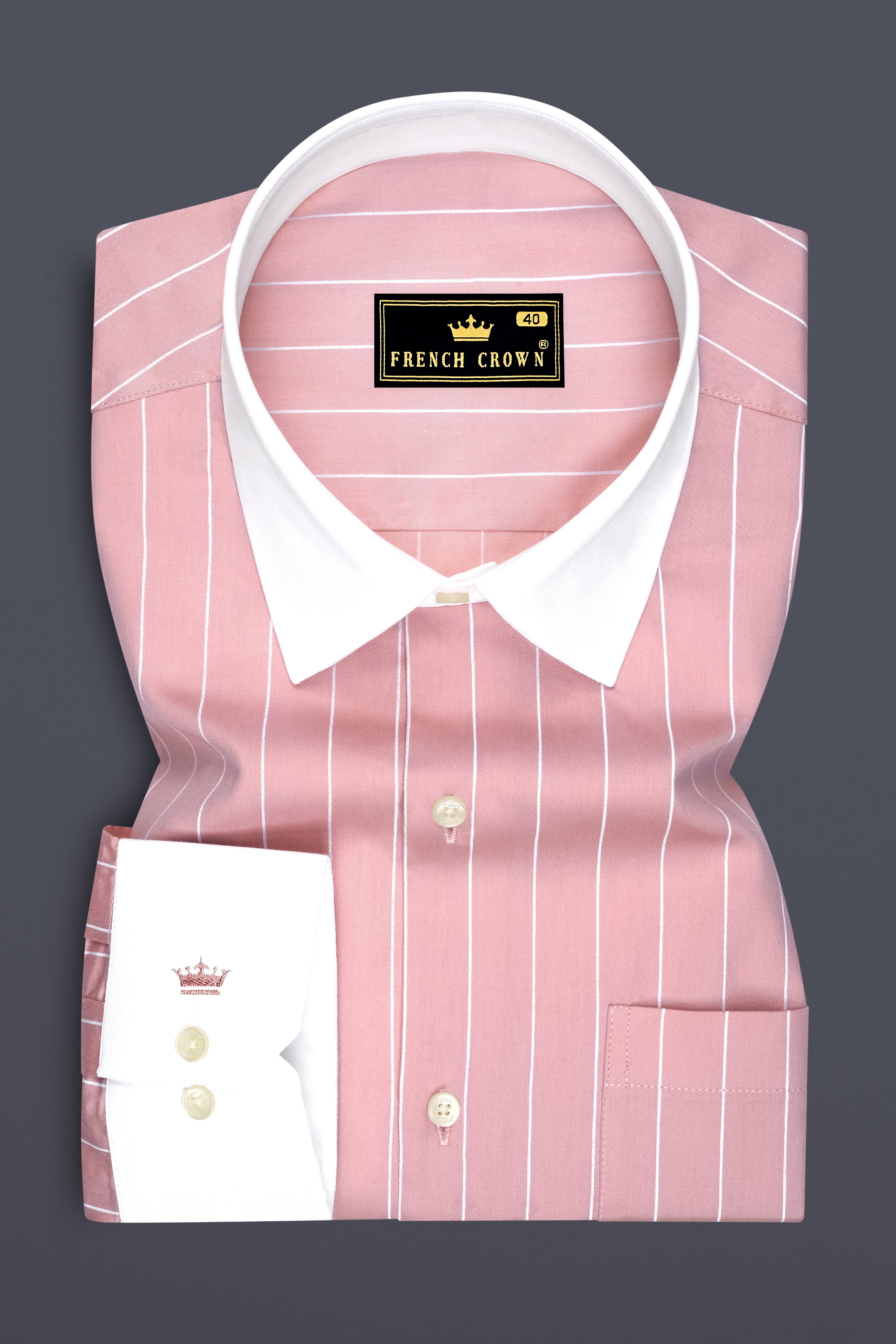 Virelle-Chestnut Pink And Bright White Pin Striped Subtle Sheen Premium Cotton White Cuff Collar Dress Shirt