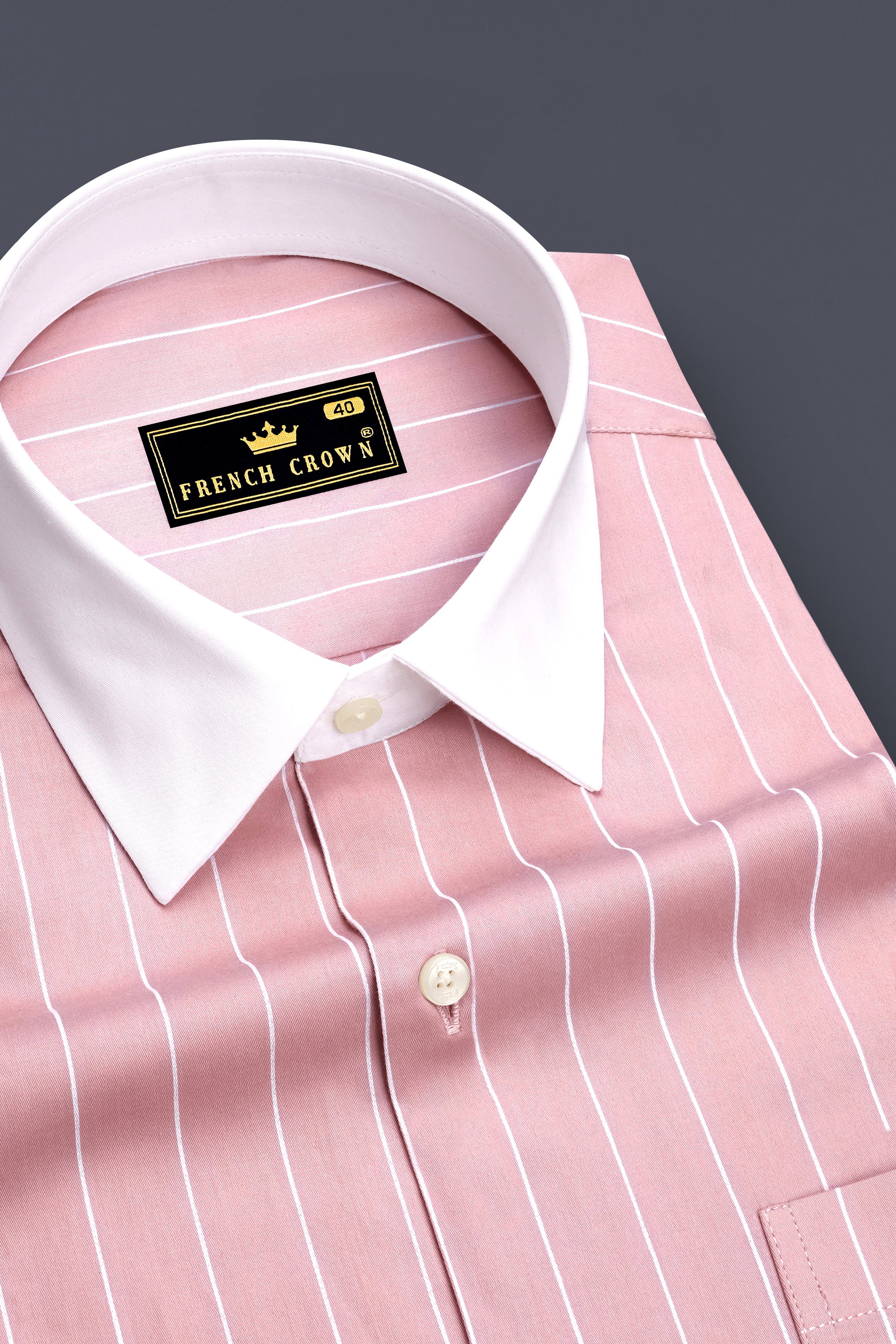 Virelle-Chestnut Pink And Bright White Pin Striped Subtle Sheen Premium Cotton White Cuff Collar Dress Shirt