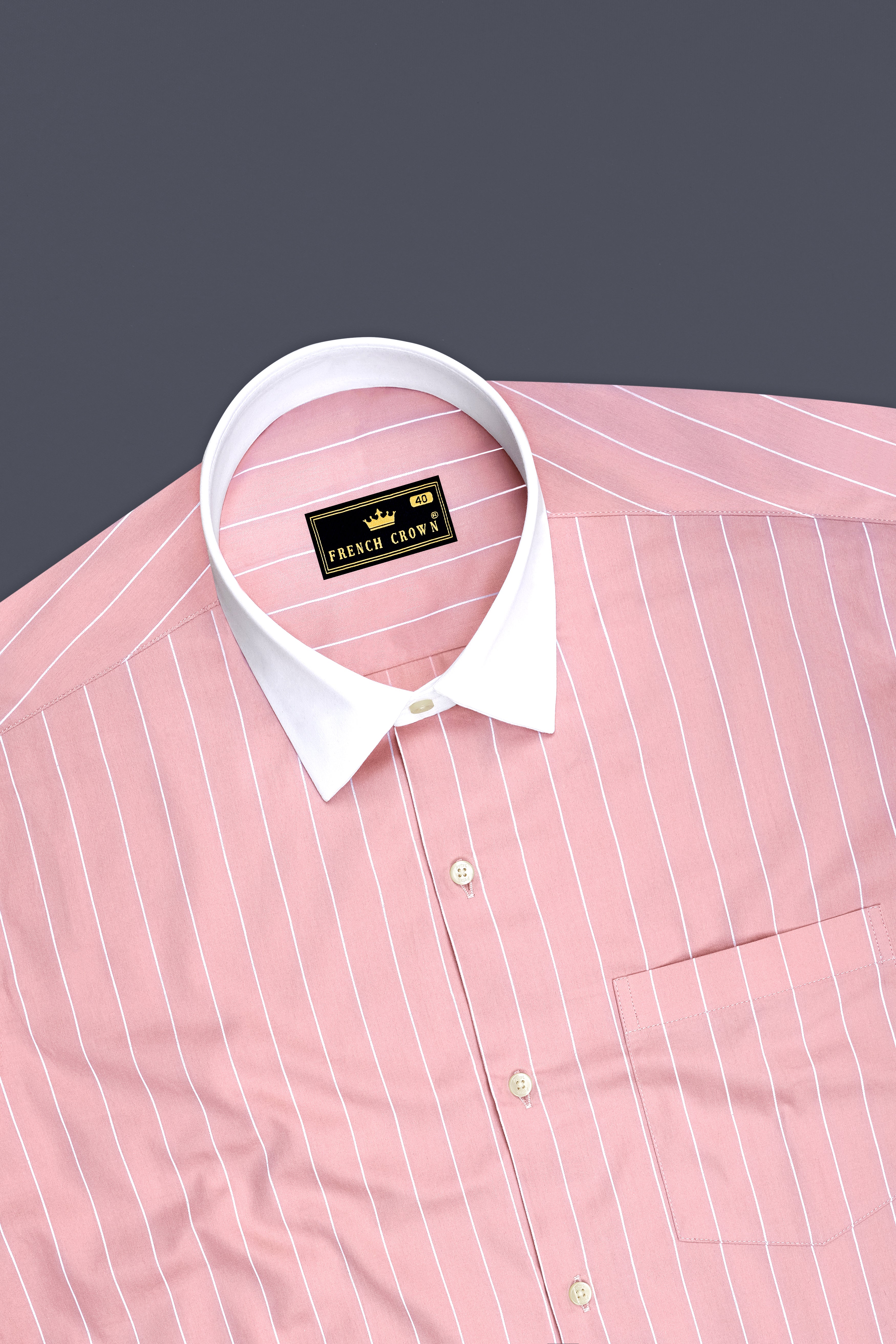 Virelle-Chestnut Pink And Bright White Pin Striped Subtle Sheen Premium Cotton White Cuff Collar Dress Shirt