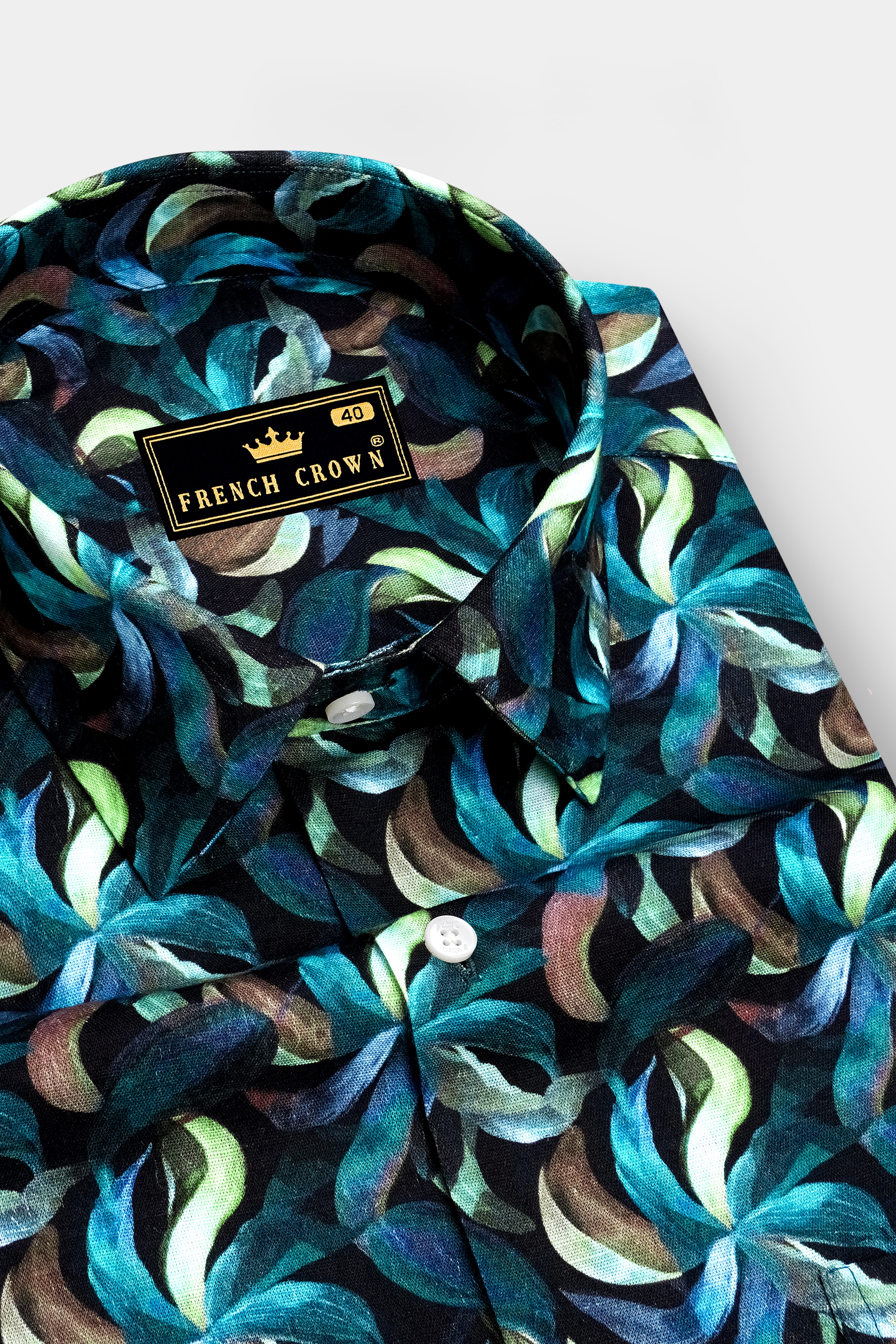 Azuria-Mosque Blue And Fringy Green Multicolor Azure Floral Printed Linen-Cotton Blend Casual Shirt