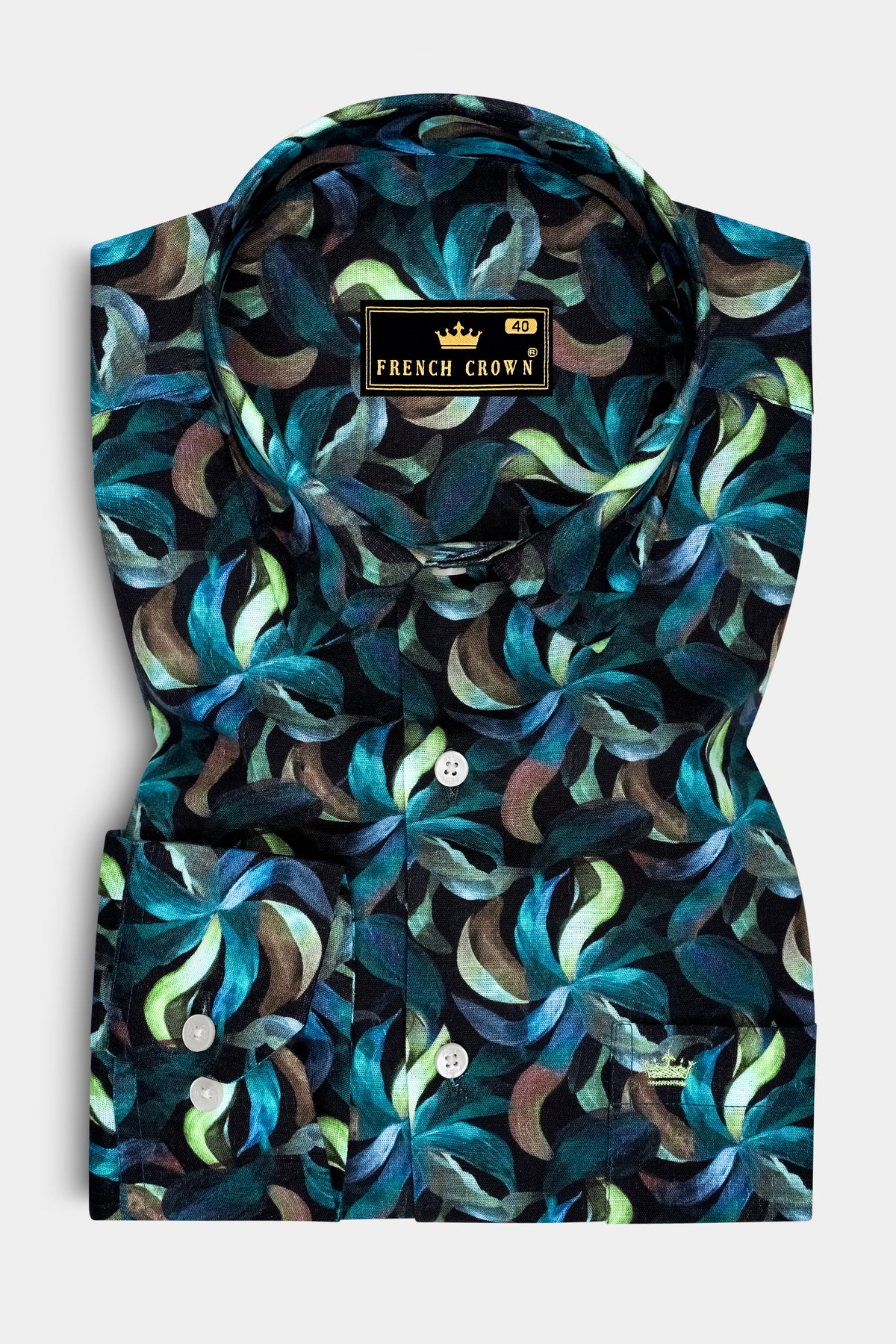Azuria-Mosque Blue And Fringy Green Multicolor Azure Floral Printed Linen-Cotton Blend Casual Shirt