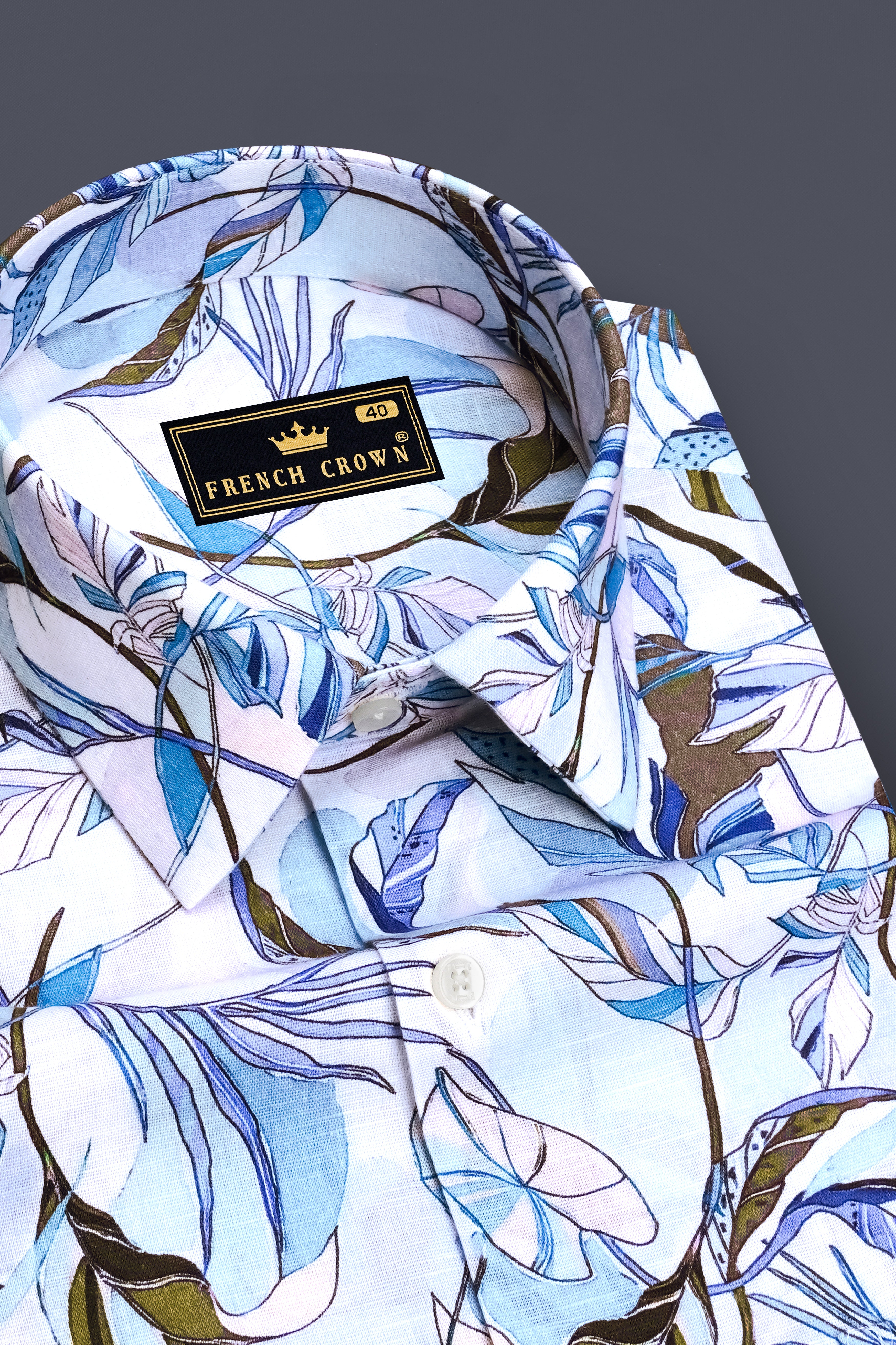 Petalis-Hawkes Blue And Moonraker Purple Botanical Floral Printed Linen-Cotton Blend Mandarin Casual Shirt
