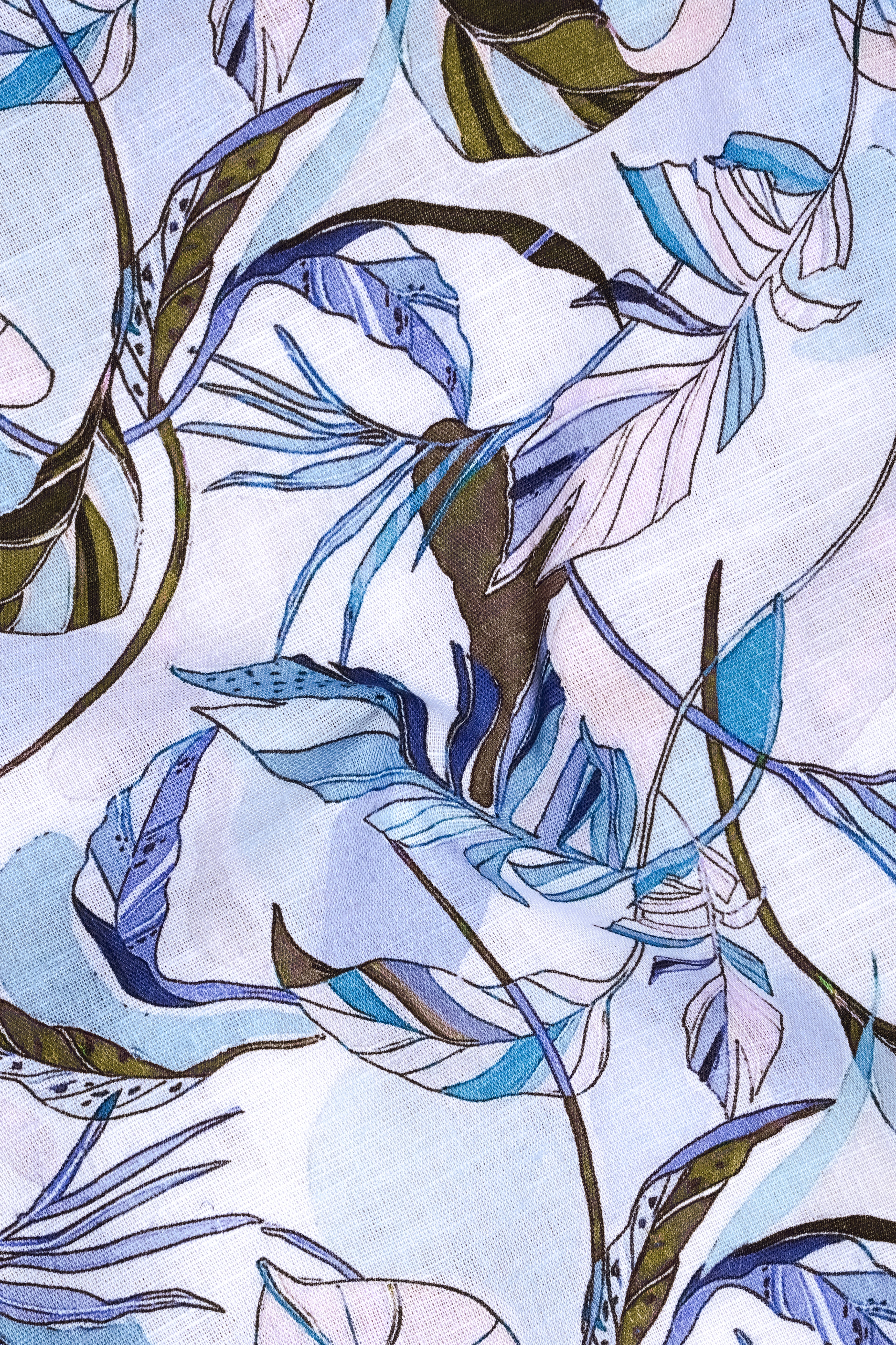 Petalis-Hawkes Blue And Moonraker Purple Botanical Floral Printed Linen-Cotton Blend Mandarin Casual Shirt