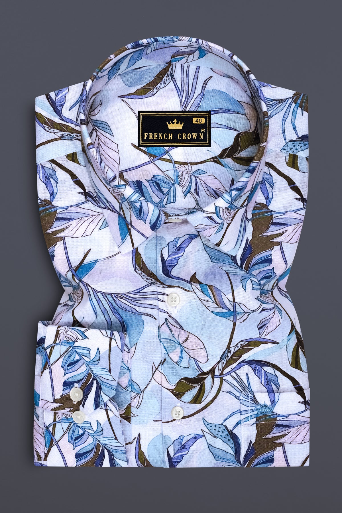 Petalis-Hawkes Blue And Moonraker Purple Botanical Floral Printed Linen-Cotton Blend Casual Shirt