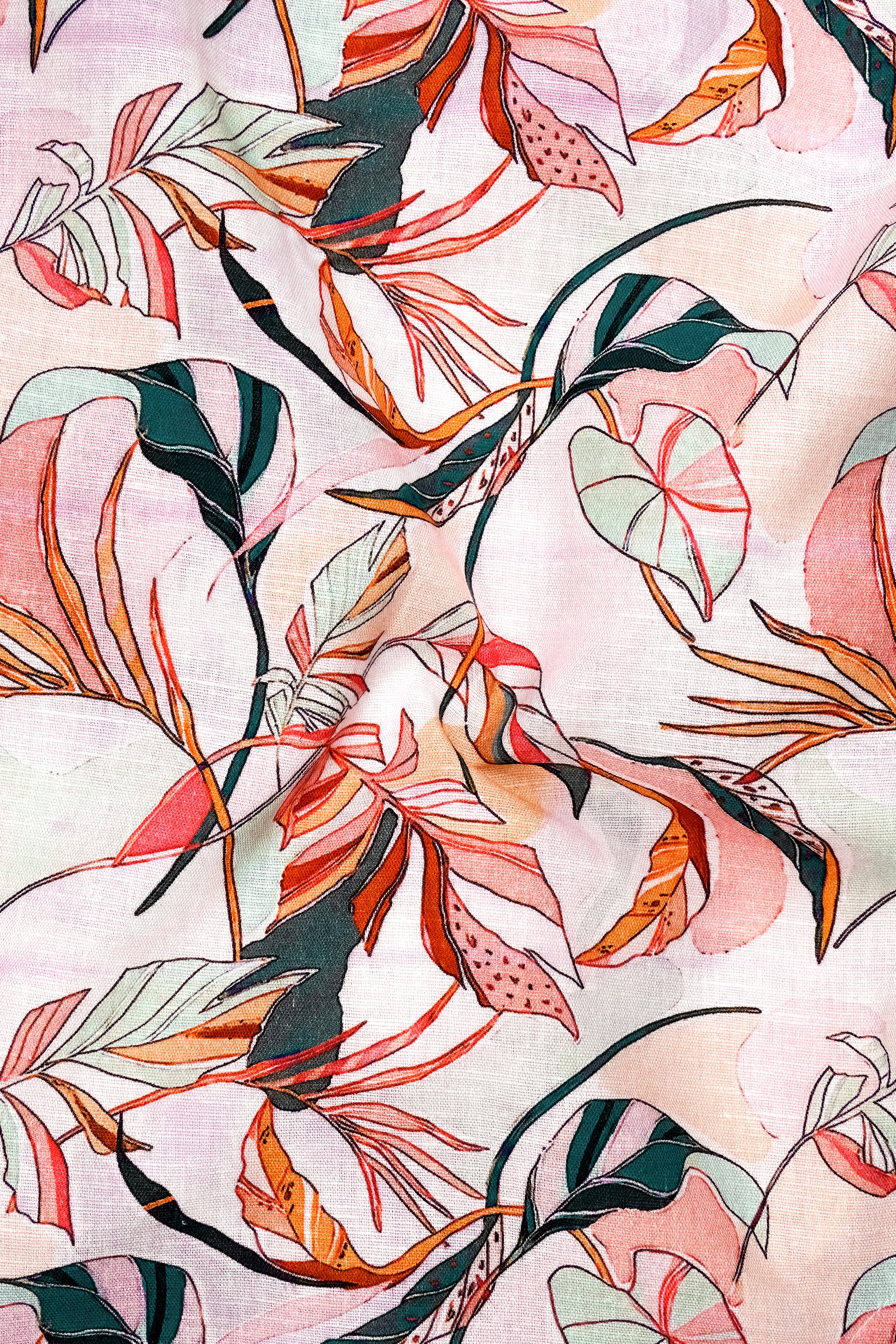 Petalia-Cherub Pink And Flesh Peach Botanical Floral Printed Linen-Cotton Blend Mandarin Casual Shirt