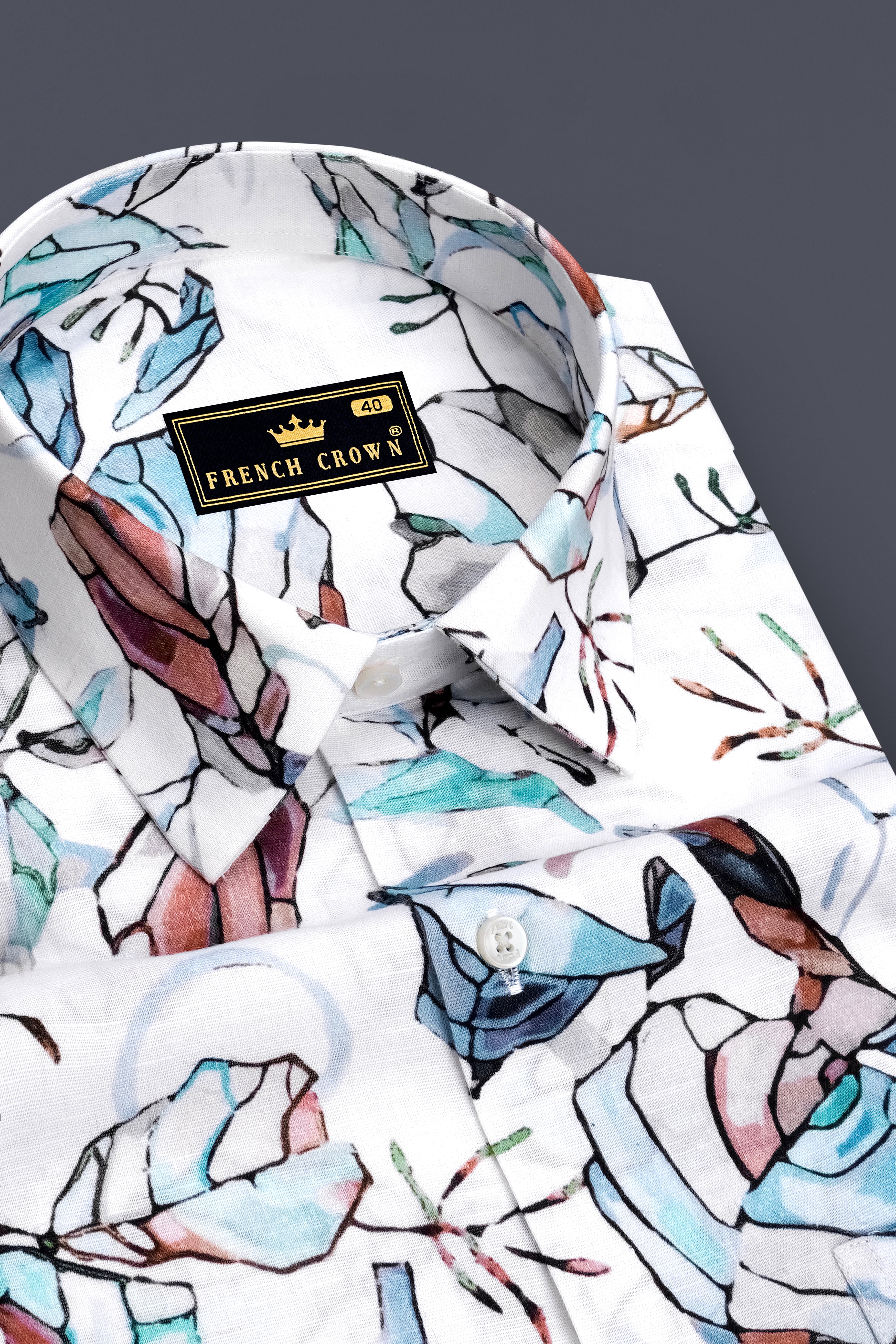 Florent-Bright White And Rubby Brown Multicolor Bloom Floral Printed Linen-Cotton Blend Mandarin Casual Shirt