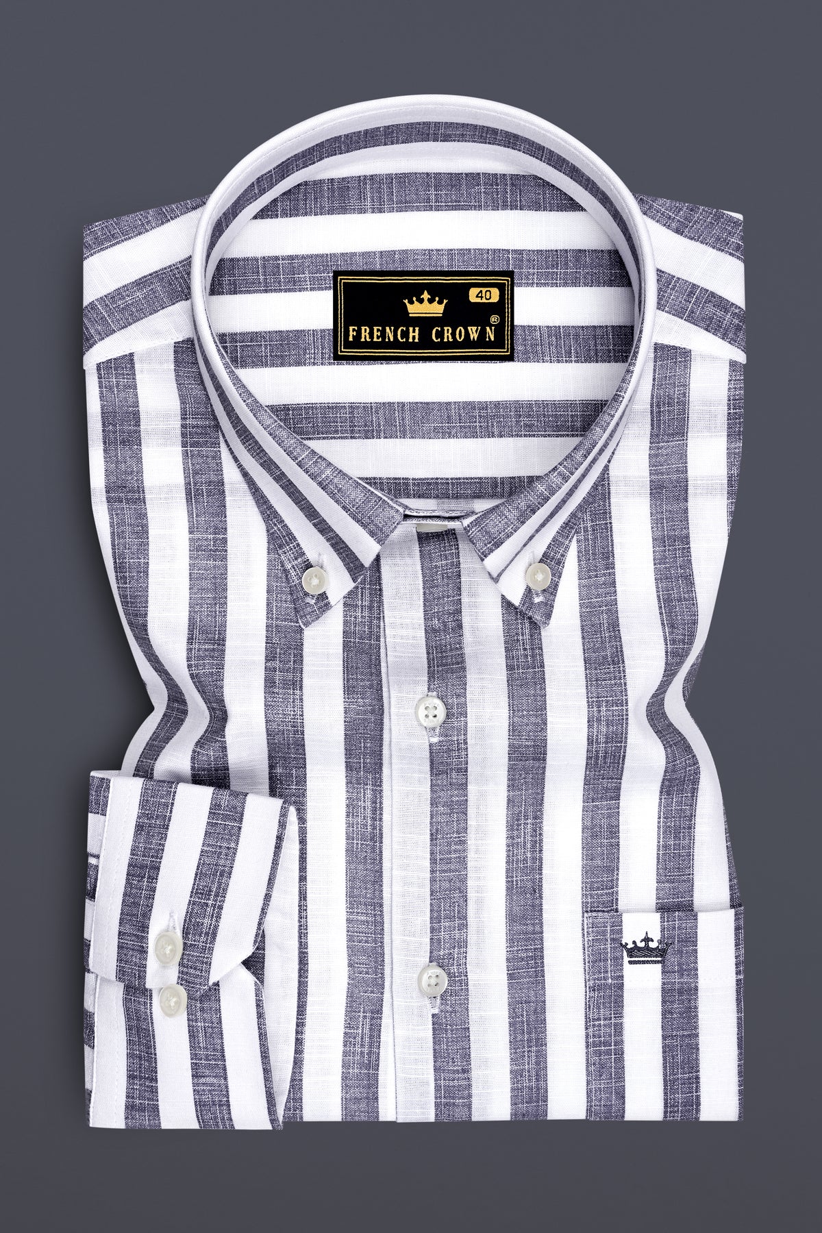 Avelon-Topaz Gray And Bright White Linen-Cotton Blend Button Down Dress Shirt