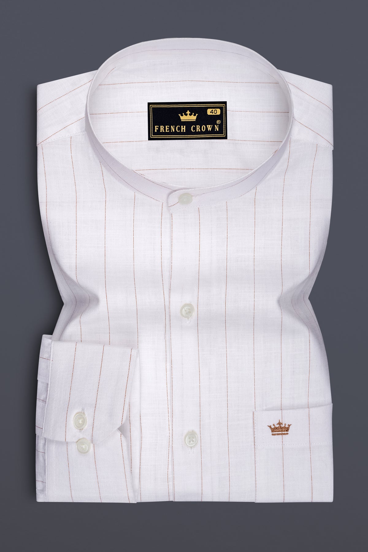 Prestige-Bright White And Cocoa Brown Pin Striped Luxurious Linen Mandarin Casual Shirt