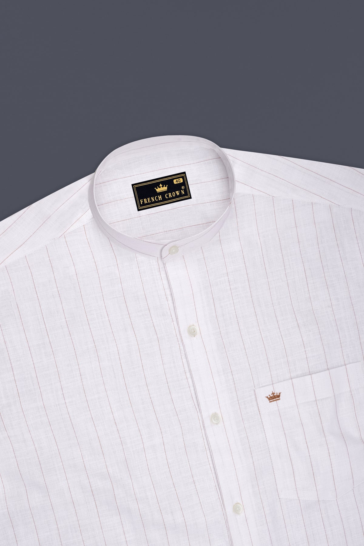 Prestige-Bright White And Cocoa Brown Pin Striped Luxurious Linen Mandarin Casual Shirt