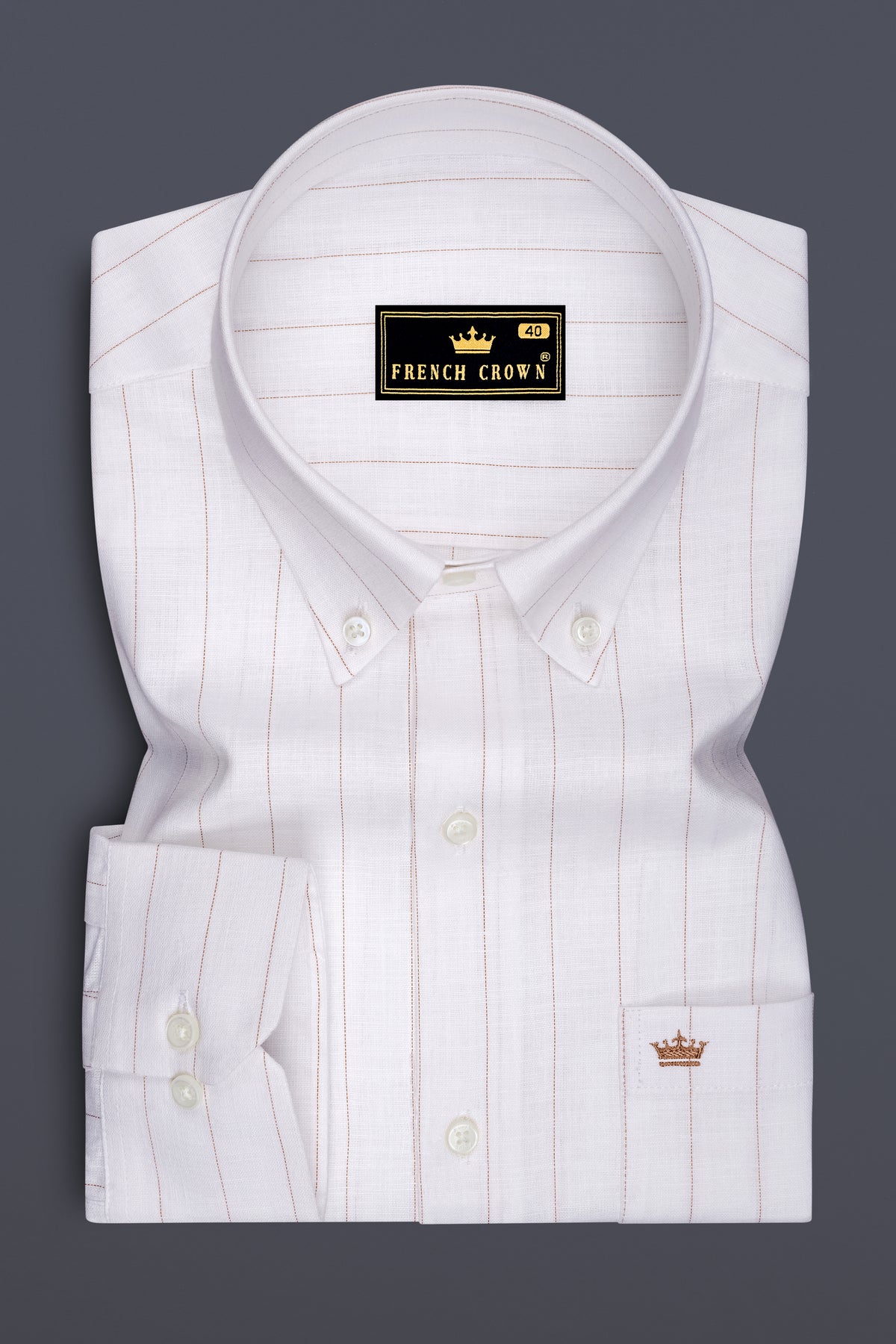 Prestige-Bright White And Cocoa Brown Pin Striped Luxurious Linen Button Down Dress Shirt