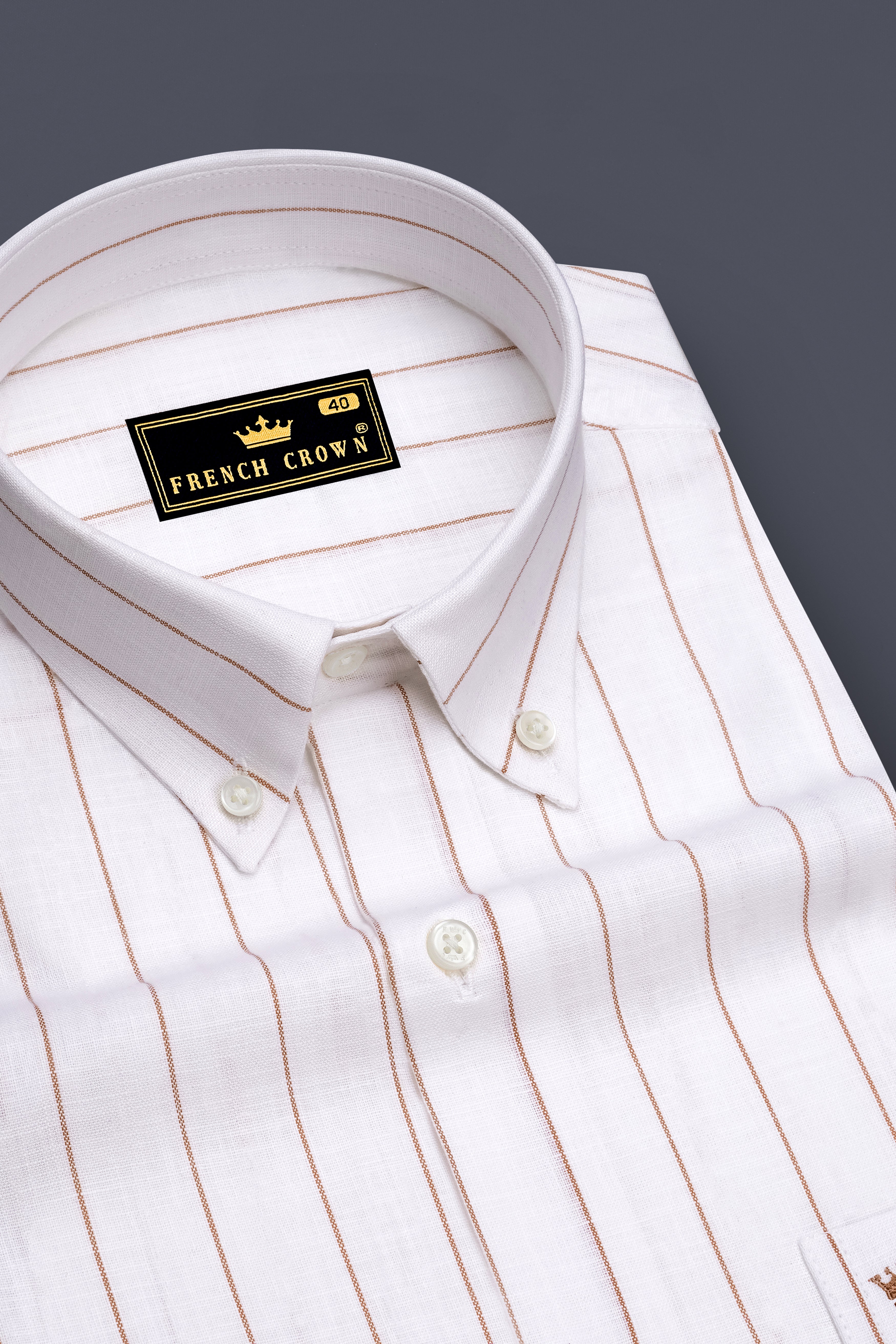 Echelon-Bright White And Mocha Brown Pin Striped Luxurious Linen Button Down Dress Shirts