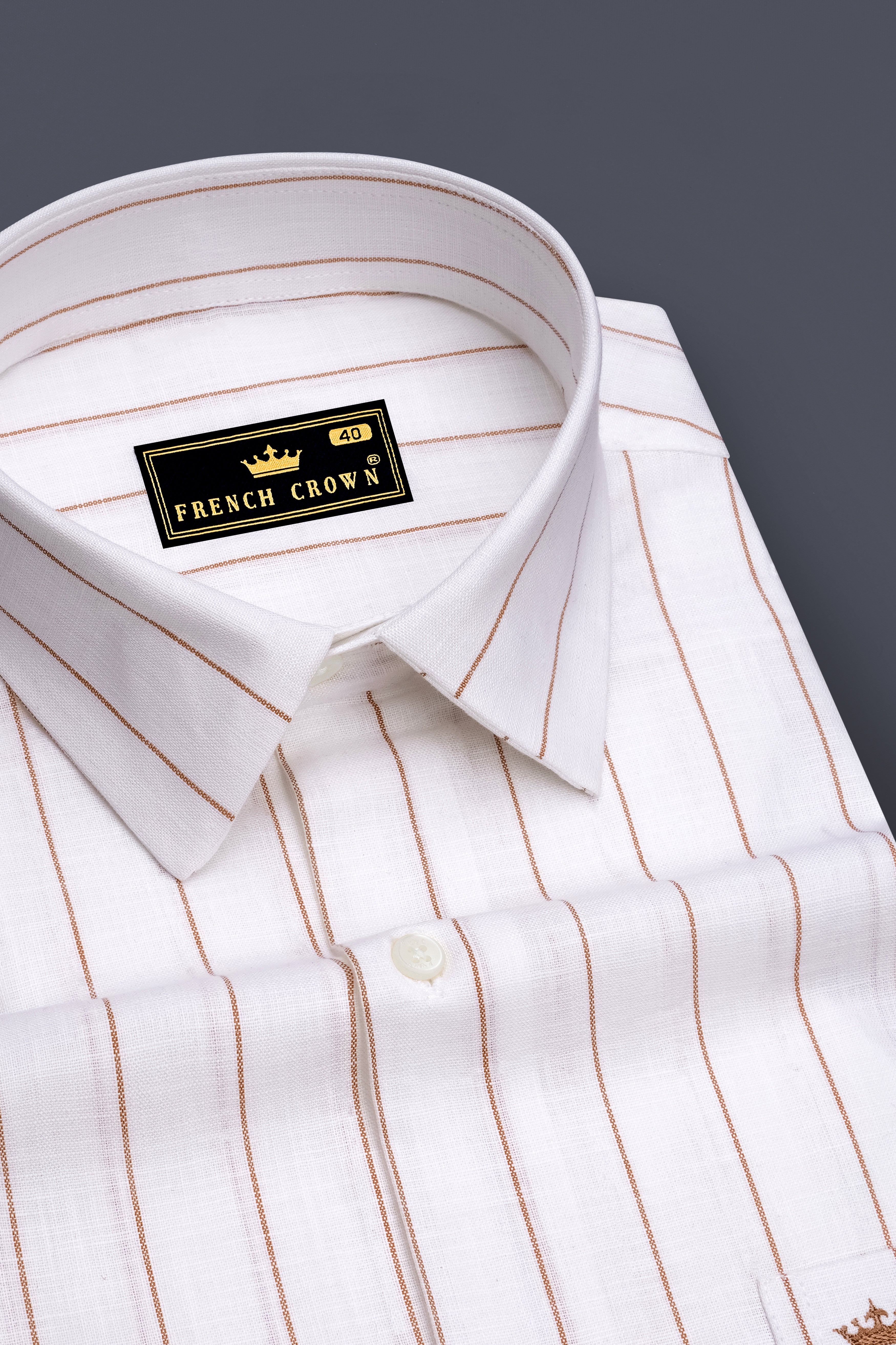 Echelon-Bright White And Mocha Brown Pin Striped Luxurious Linen Dress Shirts