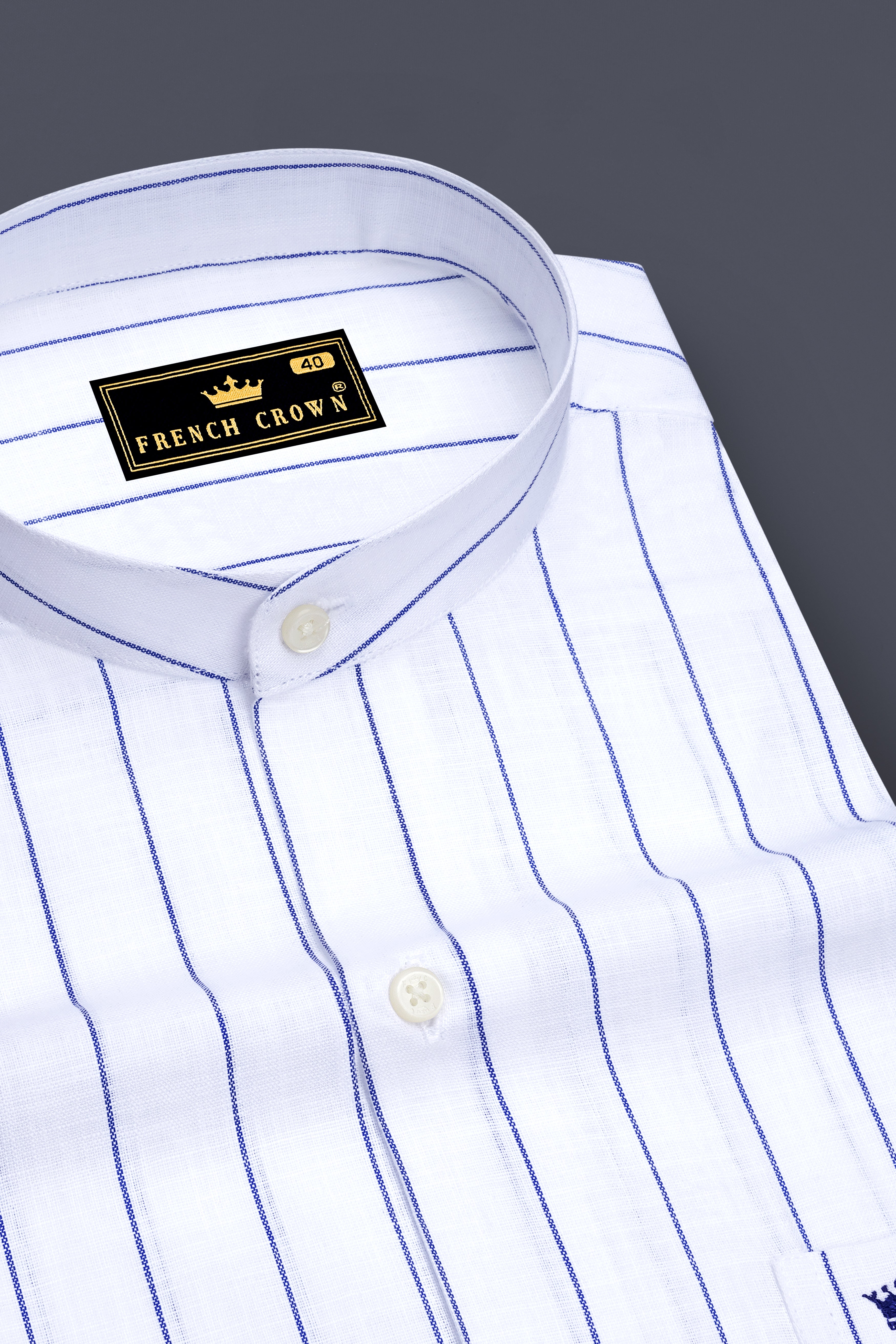Sartorial-Bright White And Fiord Blue Pin Striped Luxurious Linen Mandarin Casual Shirt