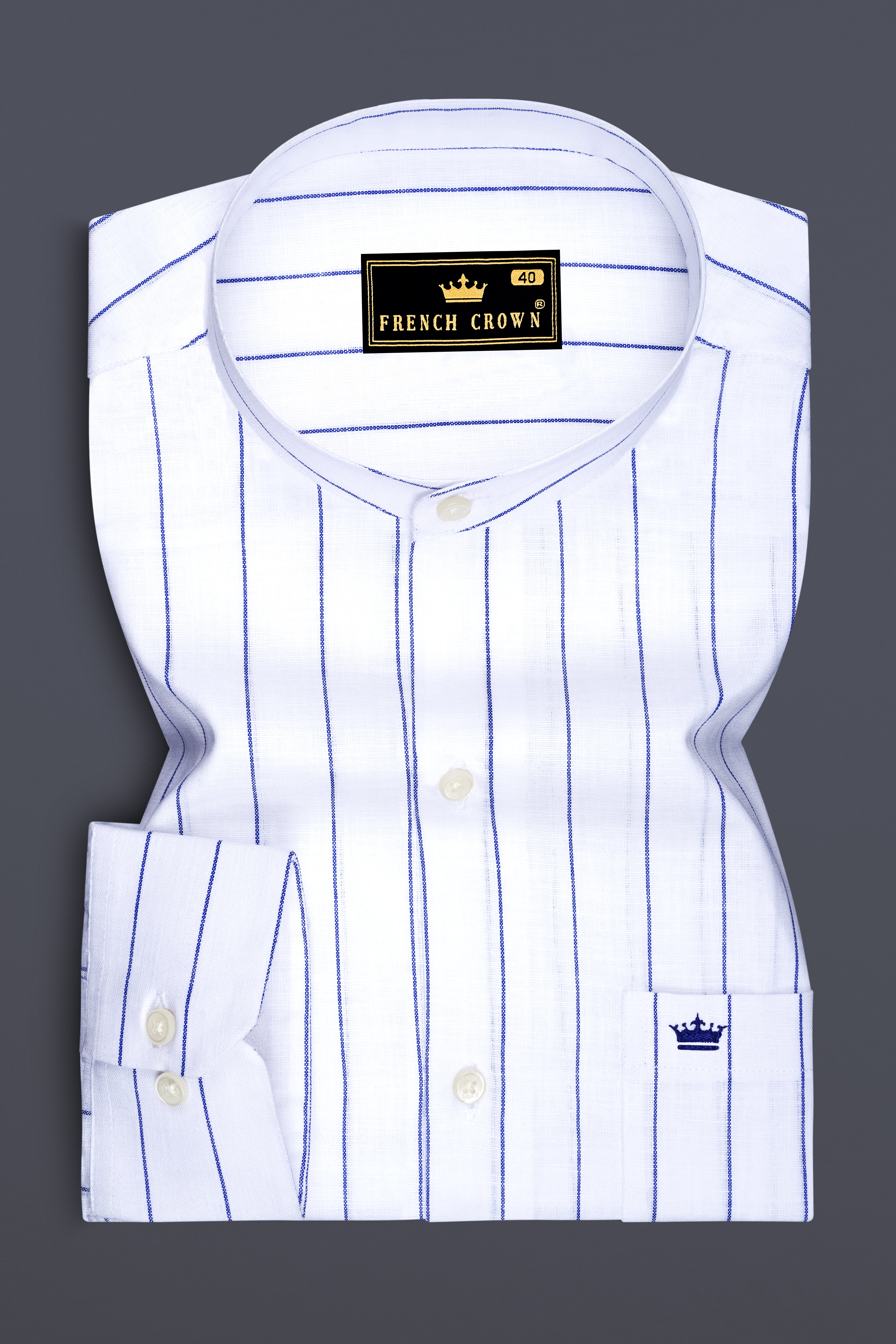 Sartorial-Bright White And Fiord Blue Pin Striped Luxurious Linen Mandarin Casual Shirt