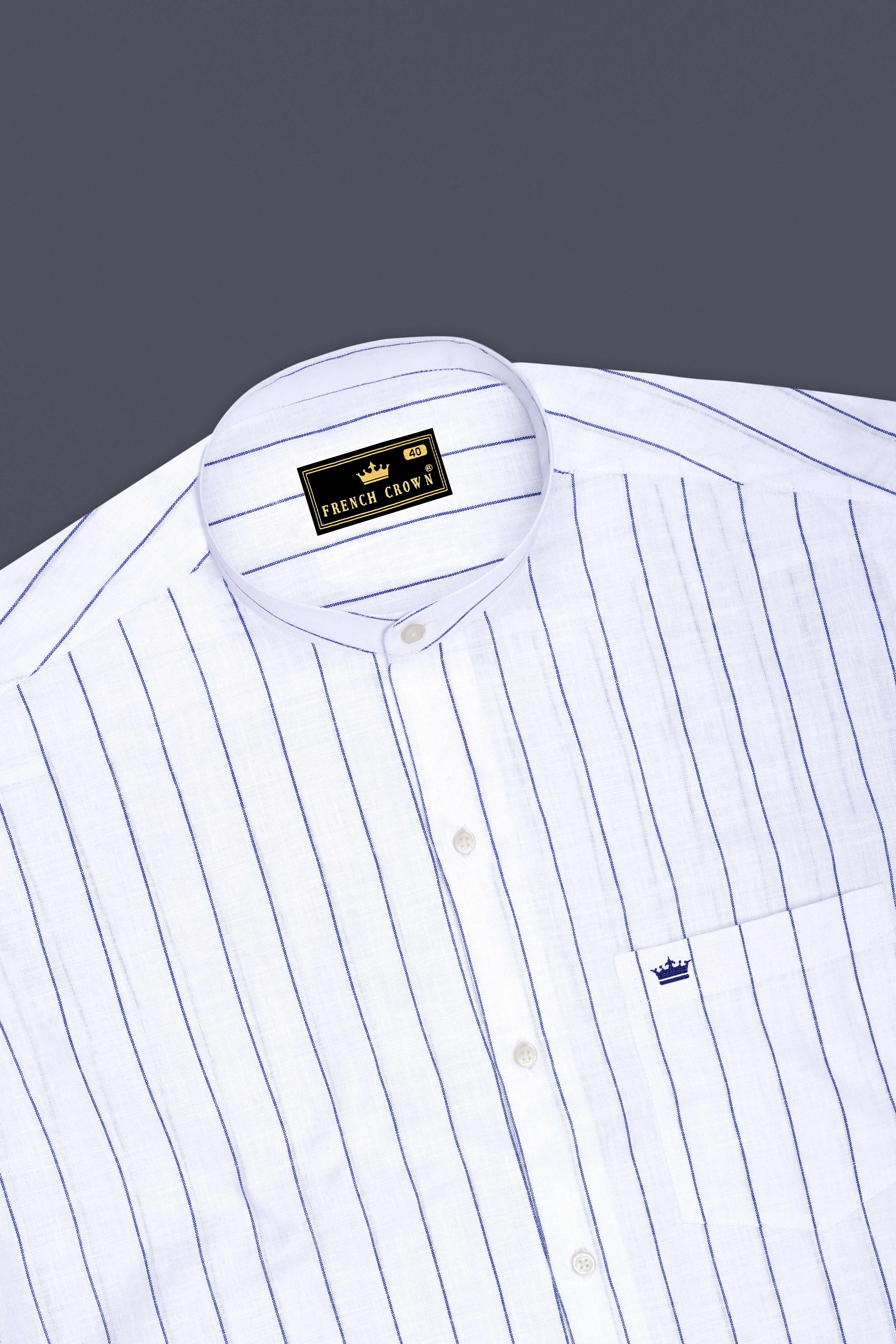 Sartorial-Bright White And Fiord Blue Pin Striped Luxurious Linen Mandarin Casual Shirt