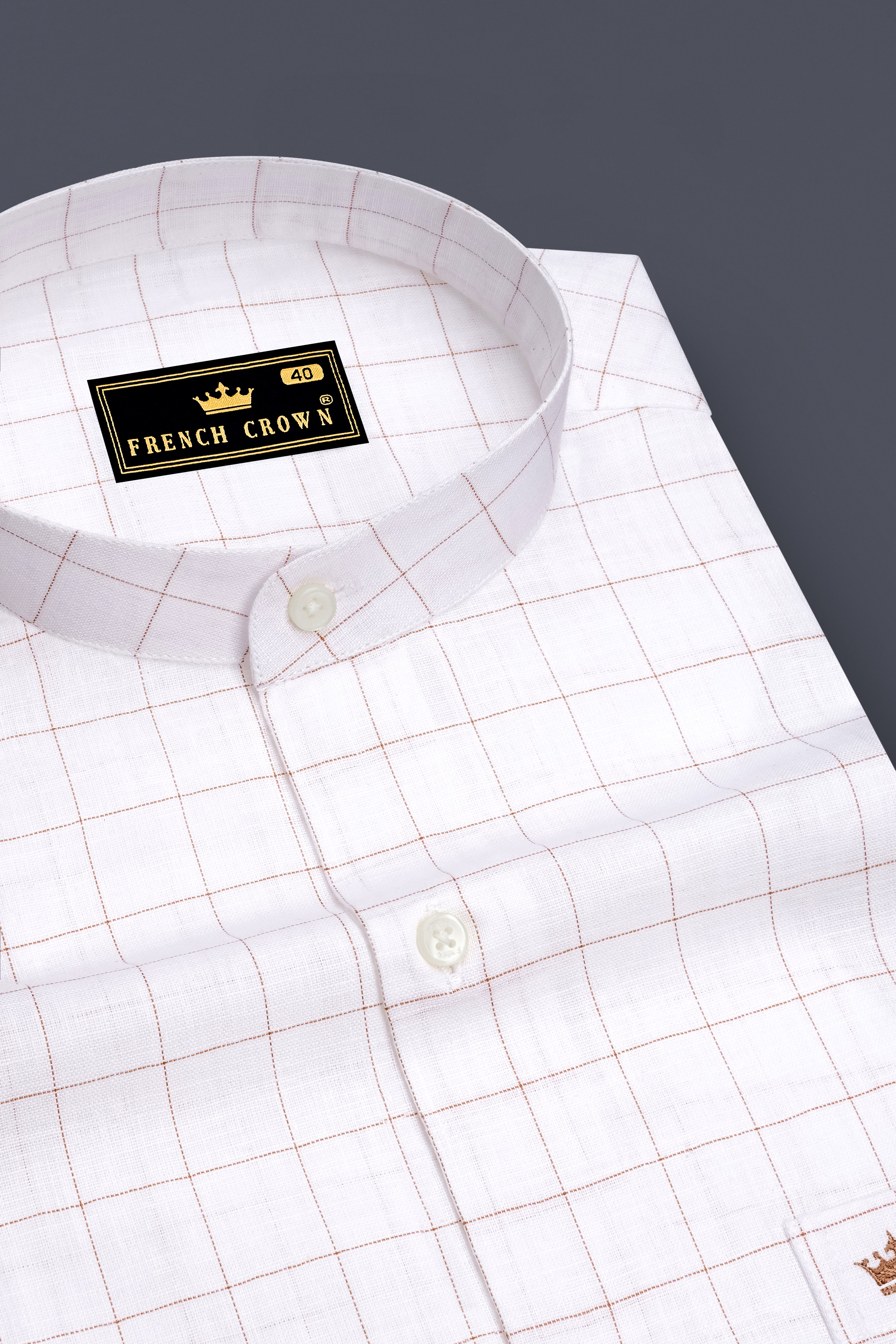 Soleil-Bright White And Leather Orange Windowpane Luxurious Linen Mandarin Casual Shirt