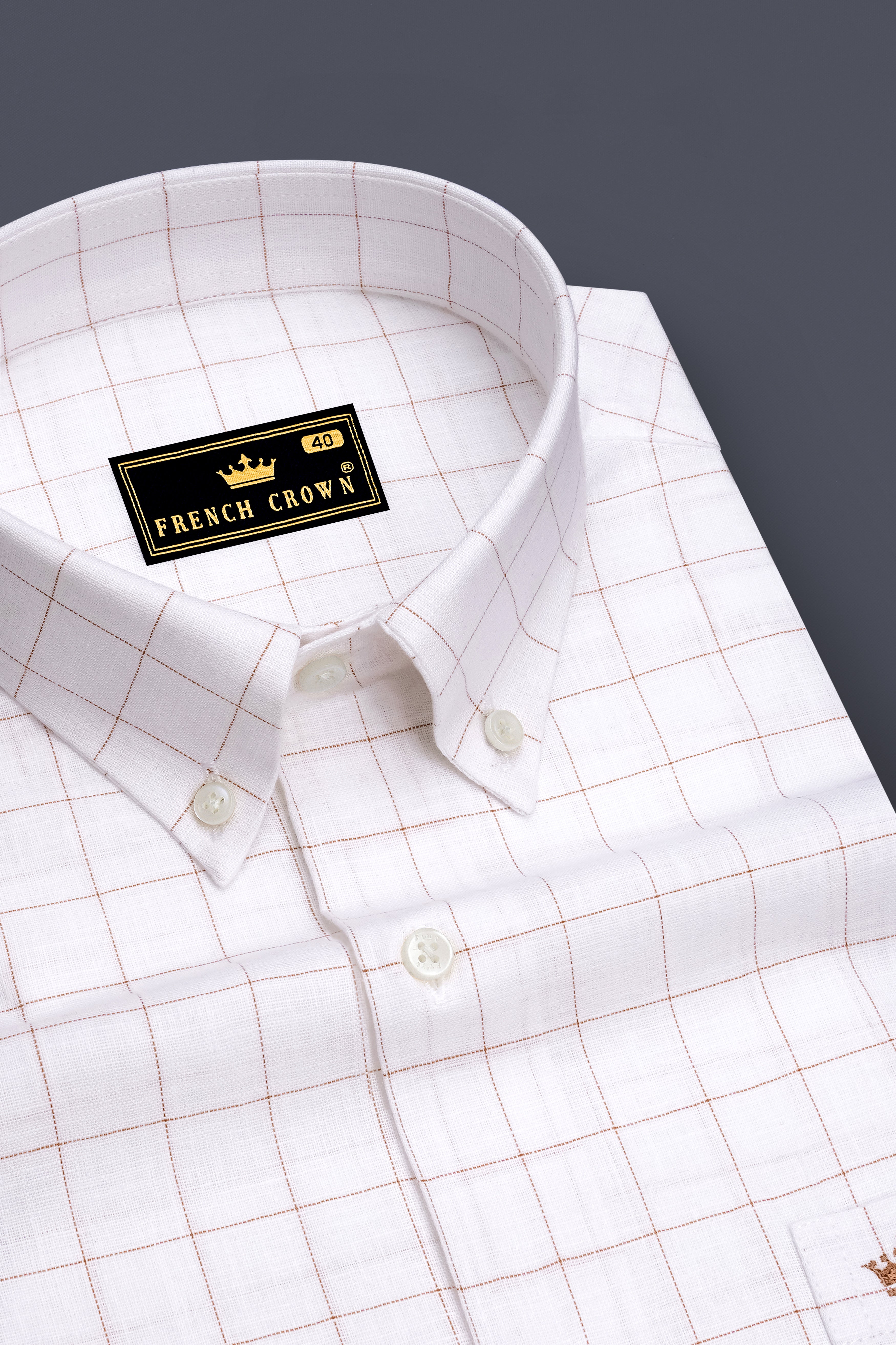 Soleil-Bright White And Leather Orange Windowpane Luxurious Linen Button Down Dress Shirt