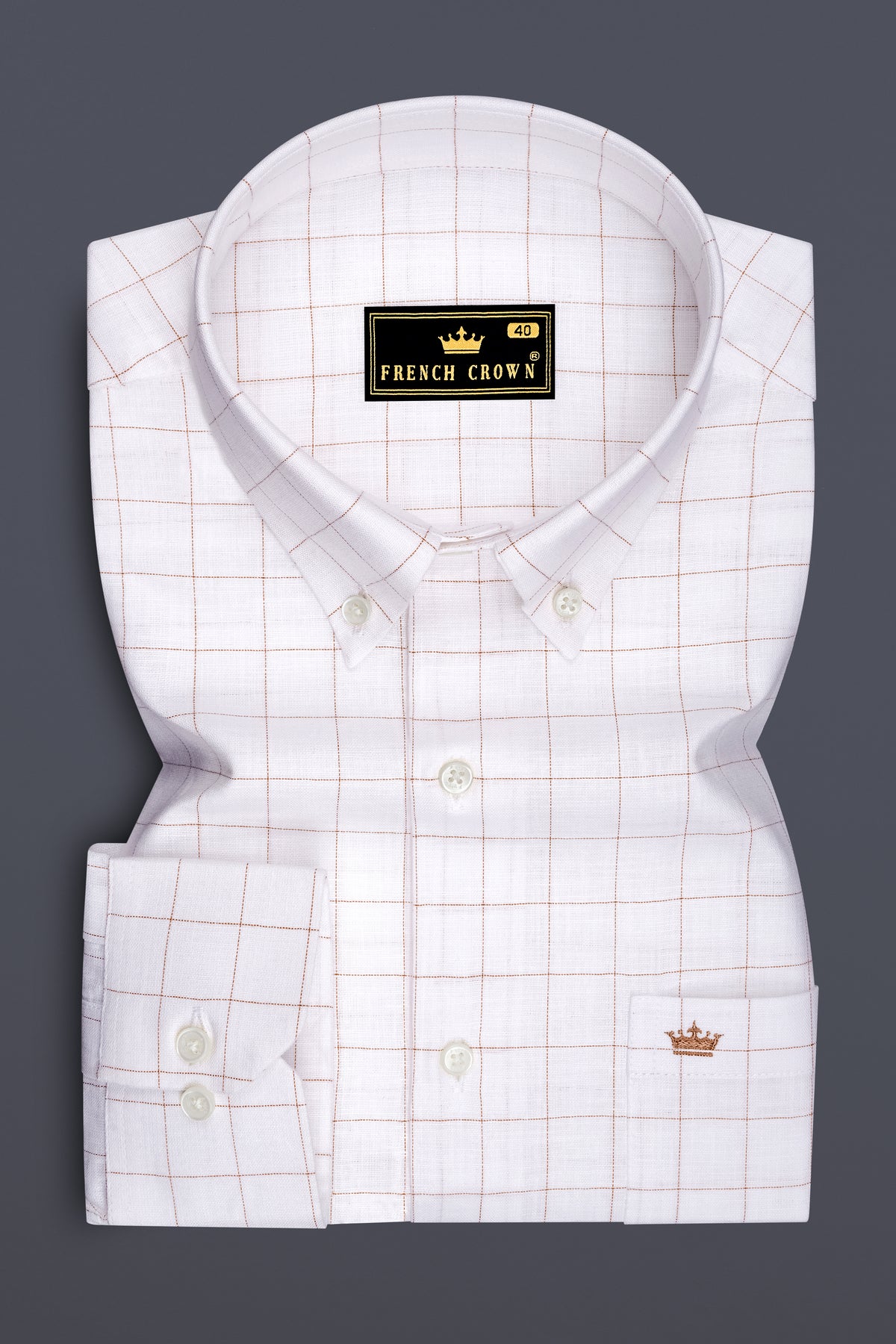 Soleil-Bright White And Leather Orange Windowpane Luxurious Linen Button Down Dress Shirt