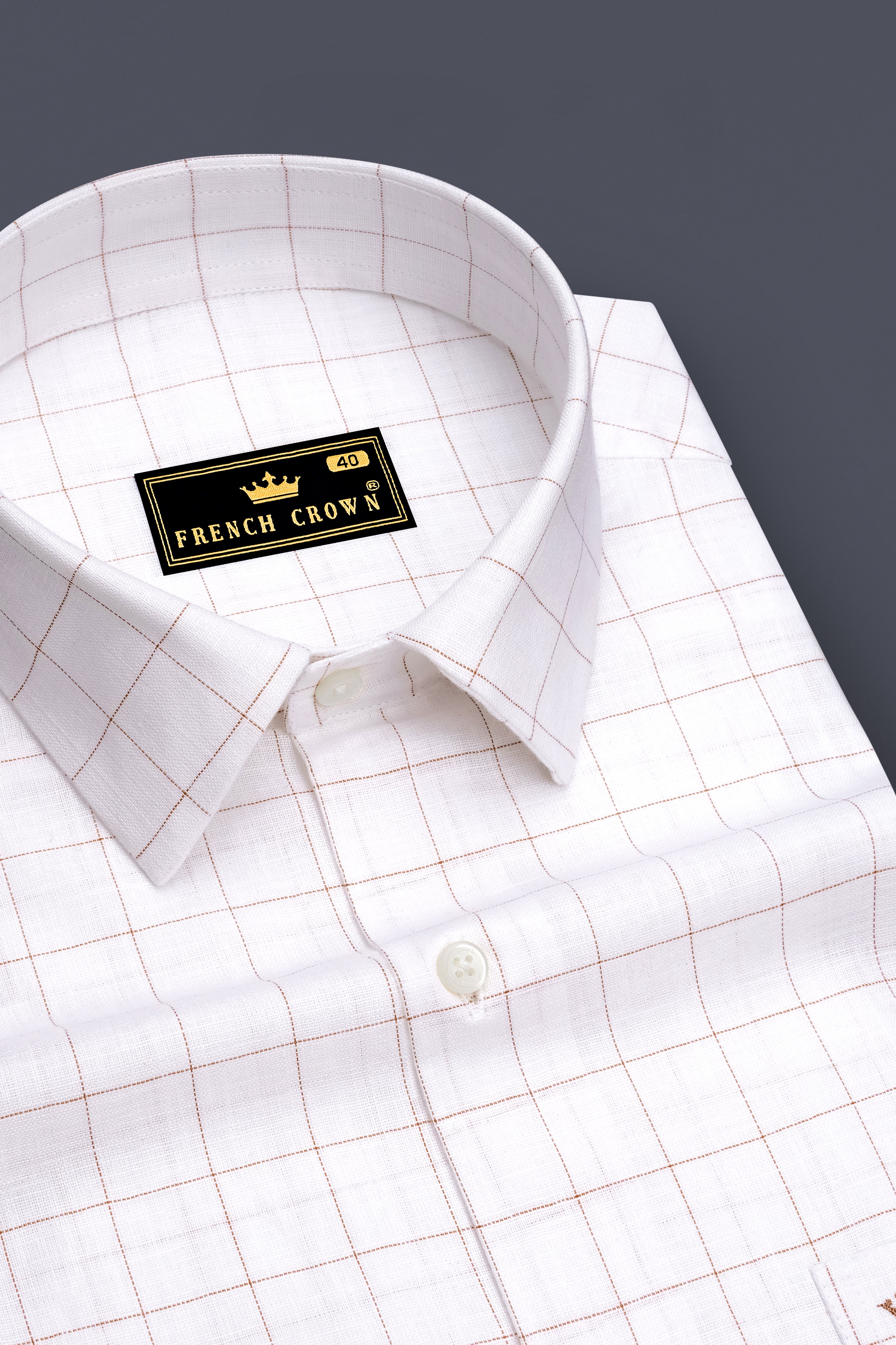 Soleil-Bright White And Leather Orange Windowpane Luxurious Linen Dress Shirt