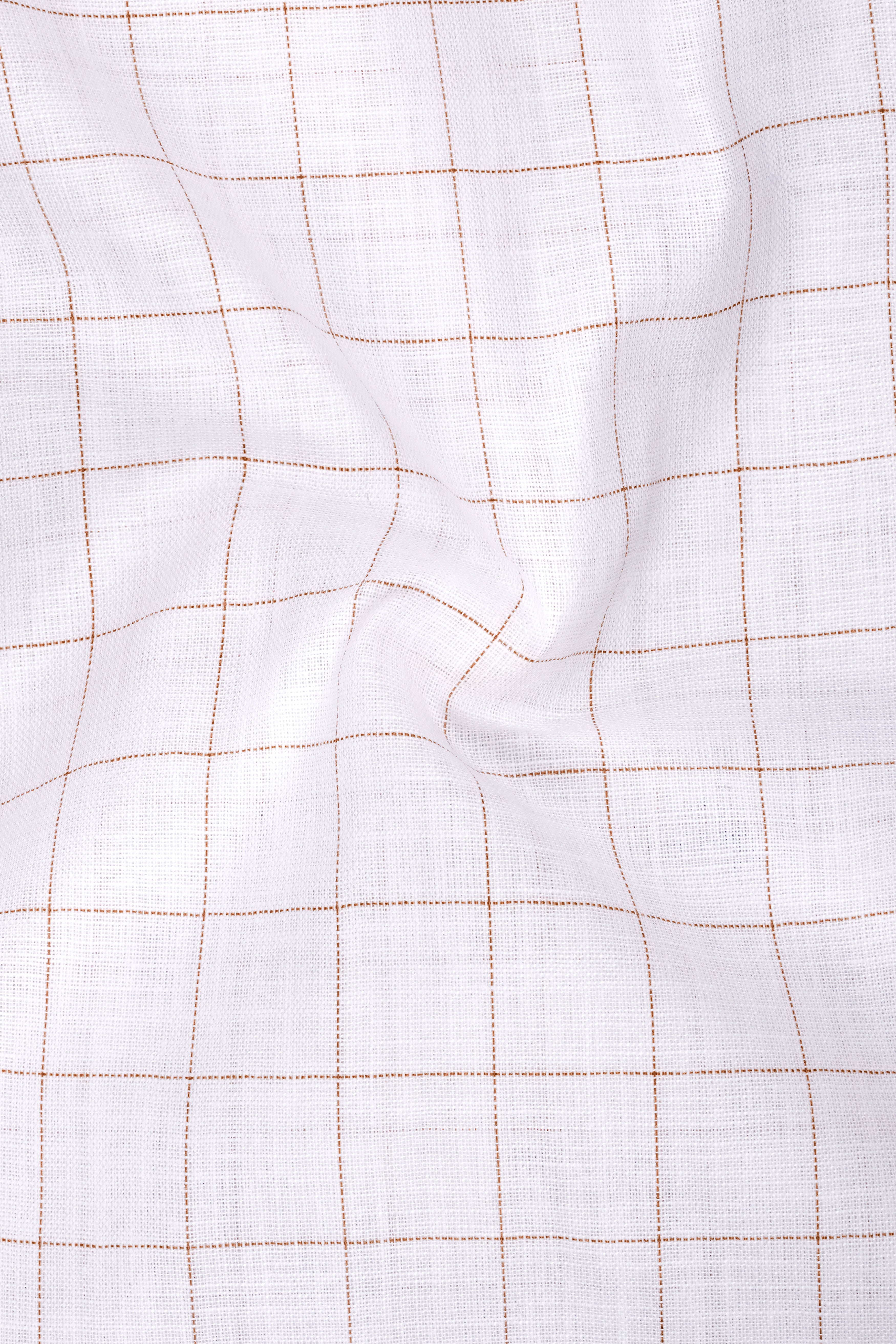 Soleil-Bright White And Leather Orange Windowpane Luxurious Linen Dress Shirt