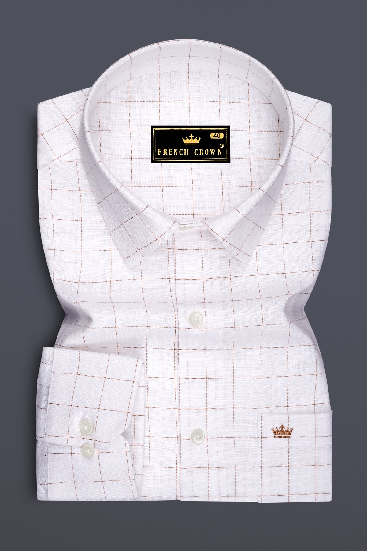 Soleil-Bright White And Leather Orange Windowpane Luxurious Linen Dress Shirt