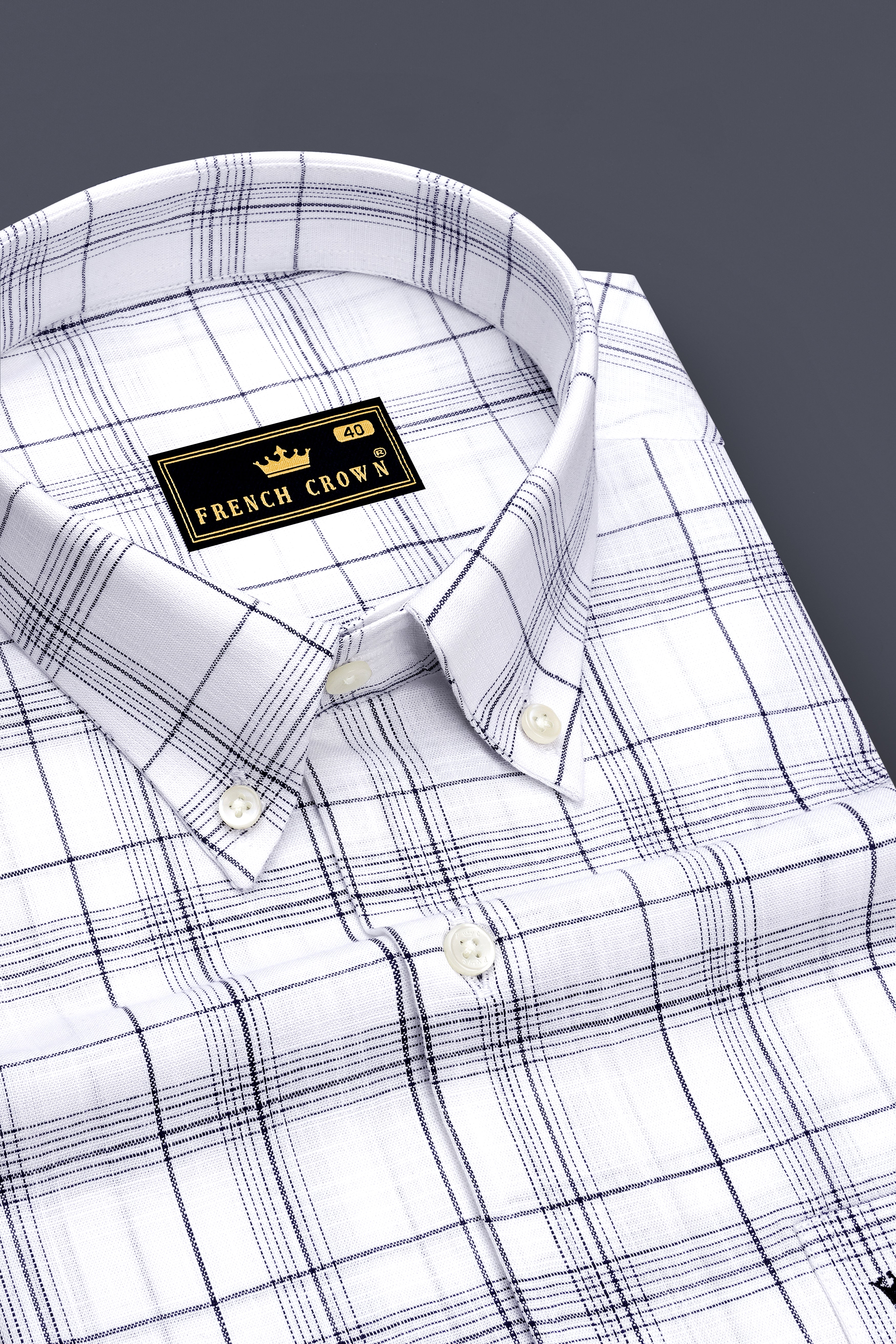 Azure-Bright White And Ebony Blue Plaid Luxurious Linen Button Down Dress Shirt