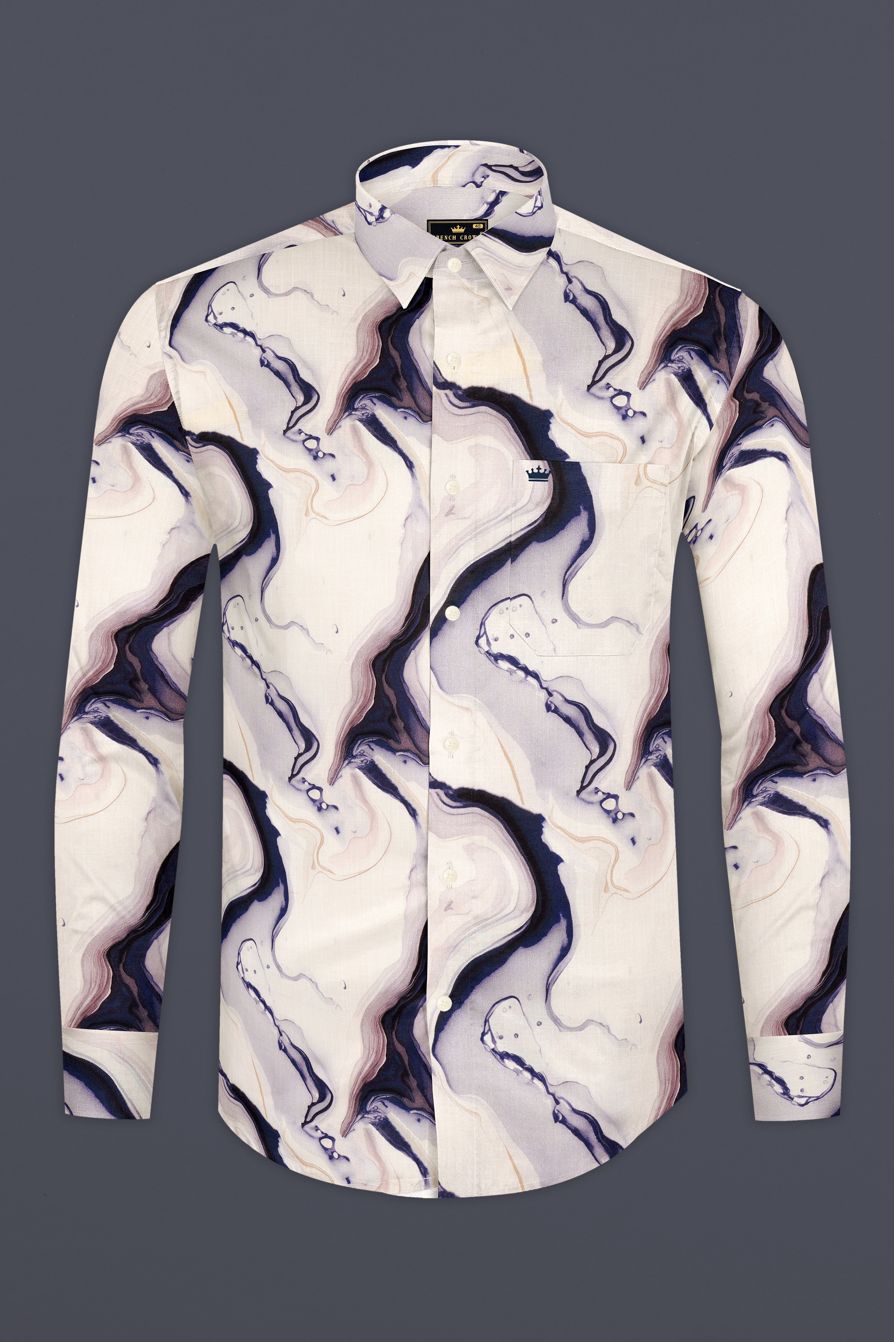 Marina-Off White And Haiti Blue Marble Swirl Printed Linen-Cotton Blend Button Down Casual Shirt
