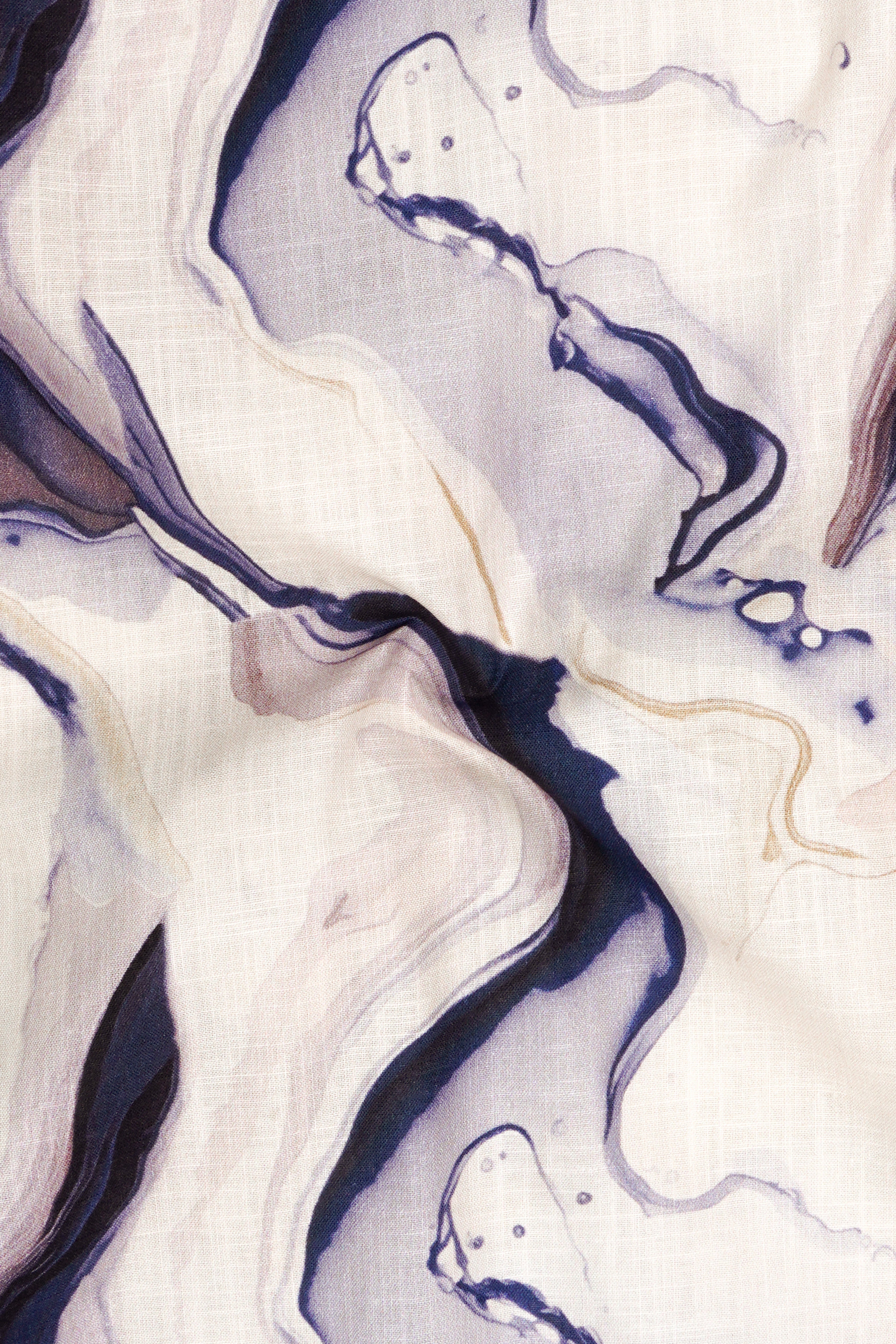 Marina-Off White And Haiti Blue Marble Swirl Printed Linen-Cotton Blend Button Down Casual Shirt