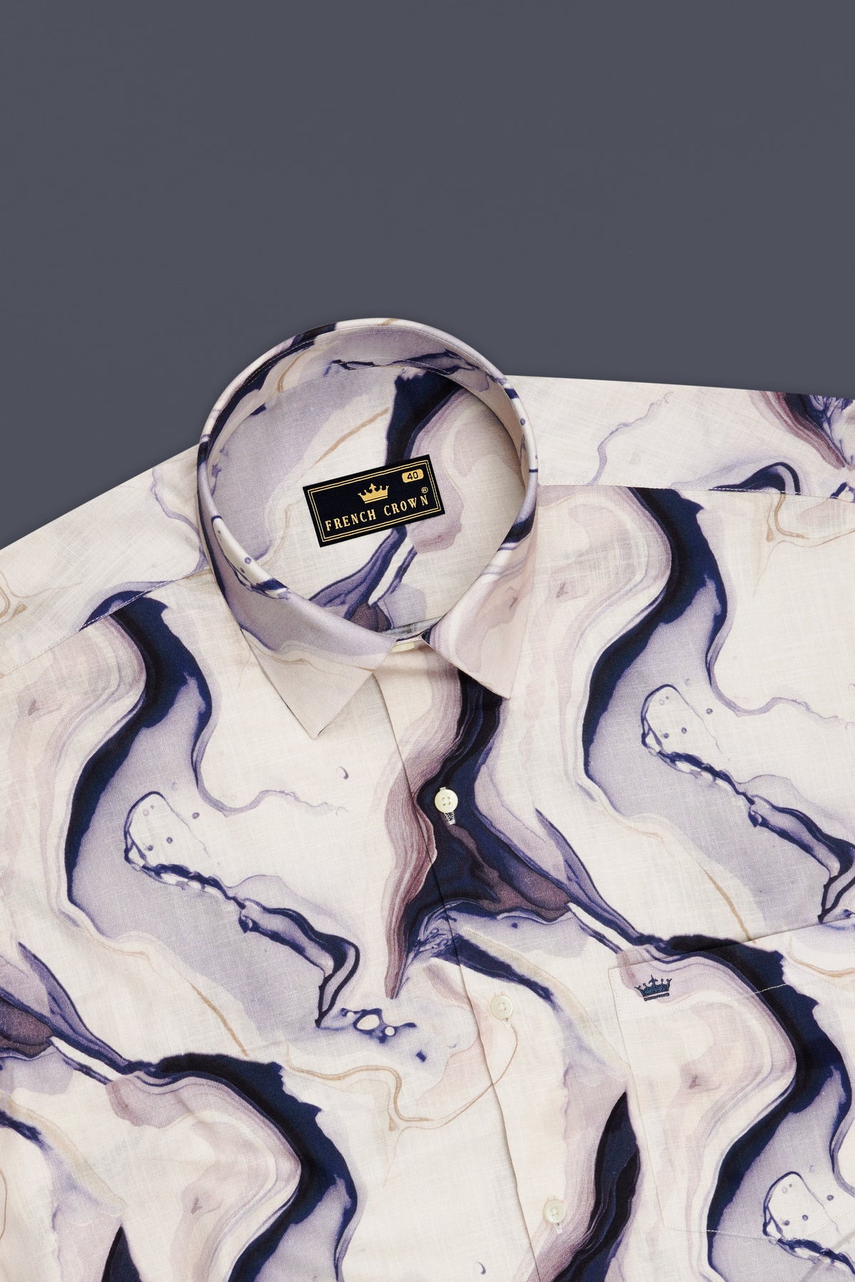 Marina-Off White And Haiti Blue Marble Swirl Printed Linen-Cotton Blend Button Down Casual Shirt