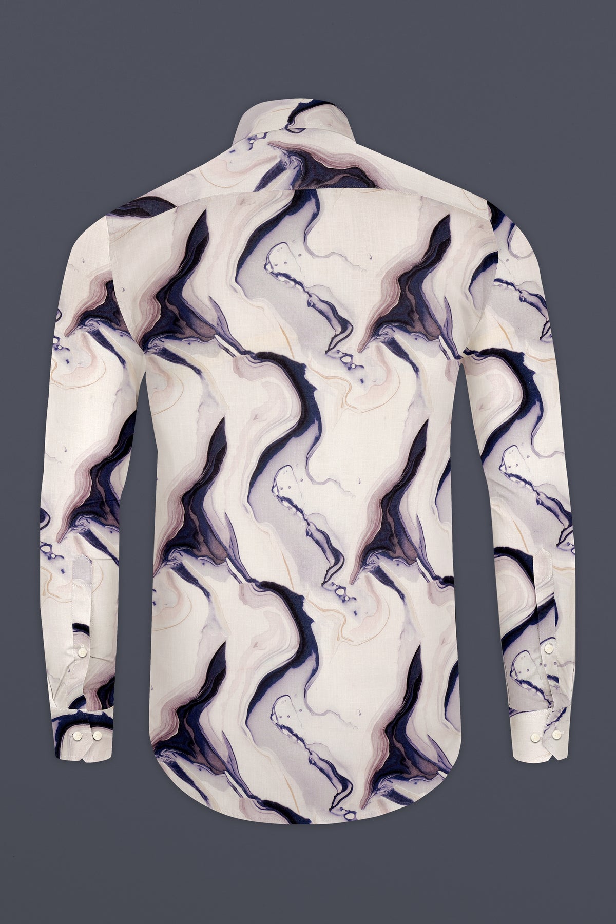 Marina-Off White And Haiti Blue Marble Swirl Printed Linen-Cotton Blend Button Down Casual Shirt
