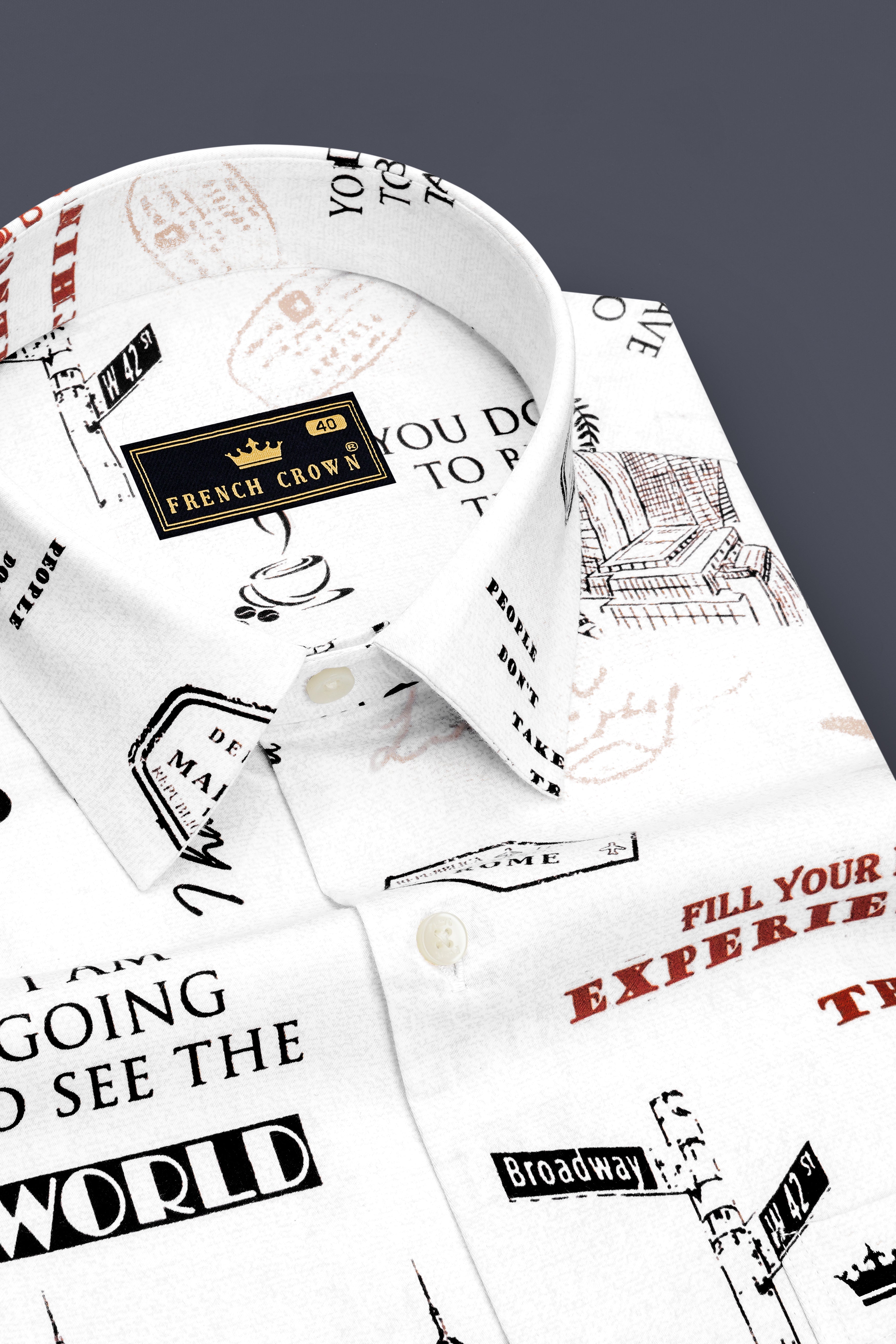 Voyage-Bright White Travel Typography Printed Subtle Sheen Super Soft Premium Cotton Casual Shirt