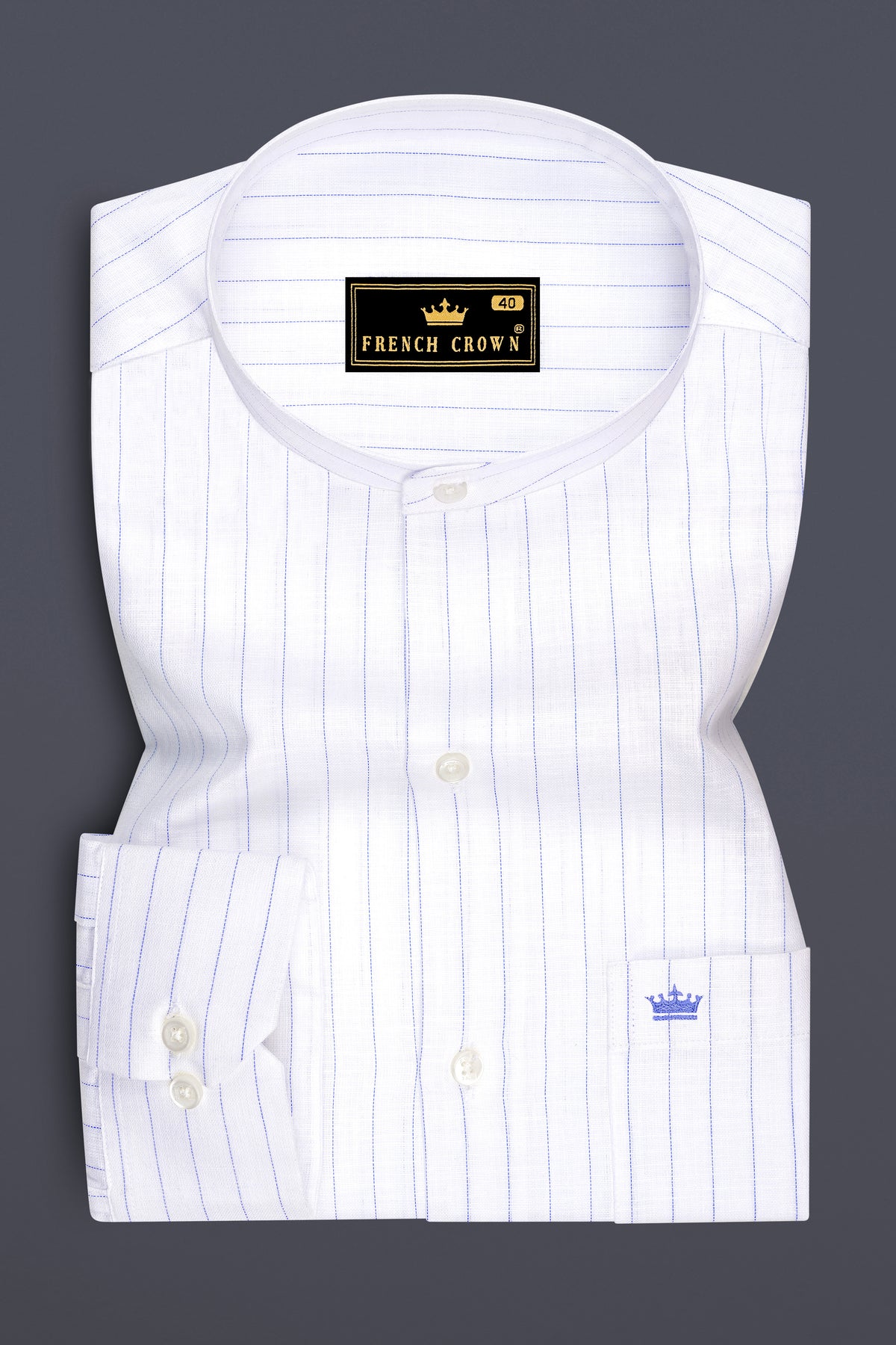 Mariner-Bright White And Scampi Blue Pin Striped Striped Luxurious Linen Mandarin Casual Shirt