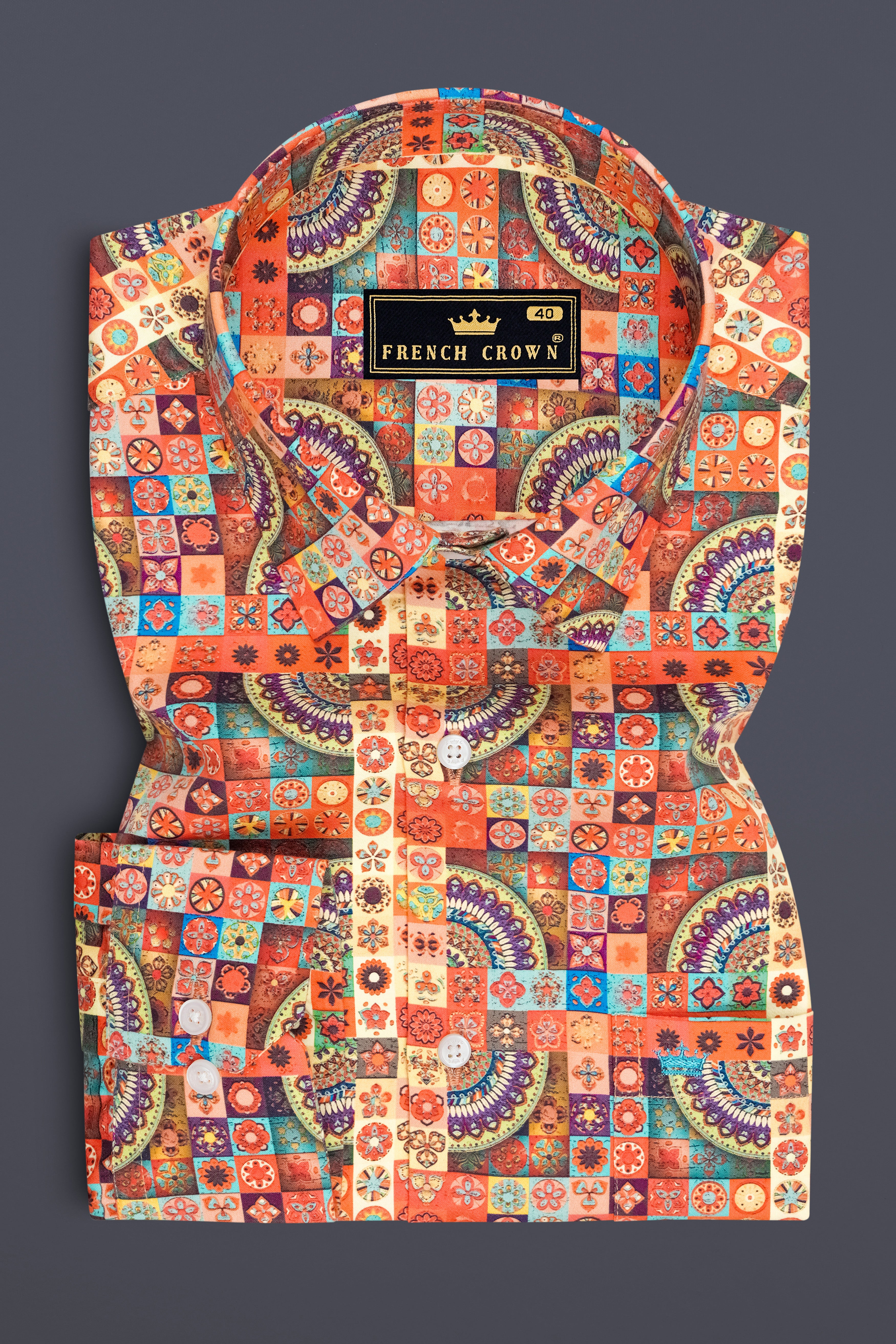 Orienta-Apricot Orange And Oasis Cream Multicolor Mosaic Printed Subtle Sheen Super Soft Premium Cotton Casual Shirt