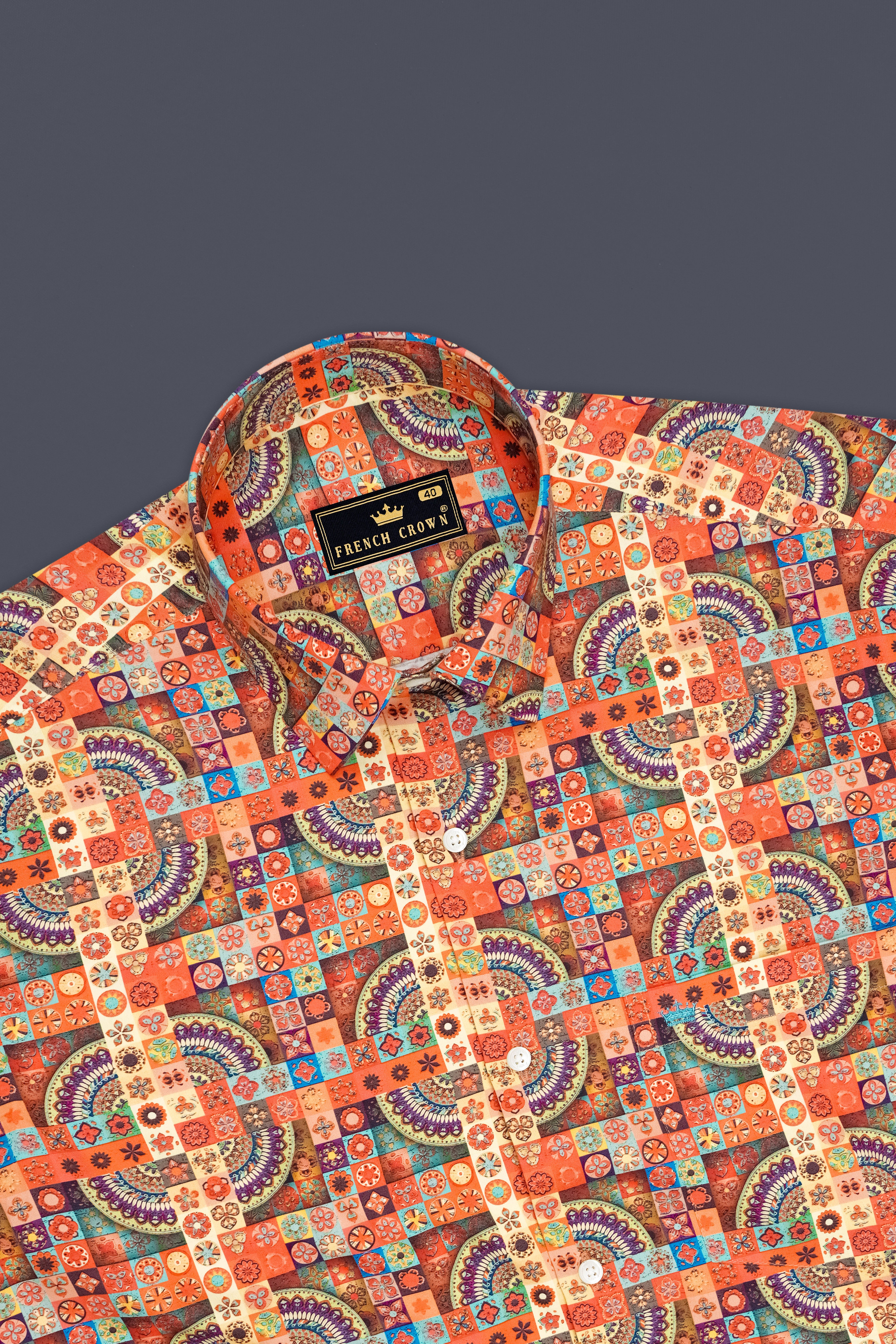 Orienta-Apricot Orange And Oasis Cream Multicolor Mosaic Printed Subtle Sheen Super Soft Premium Cotton Casual Shirt