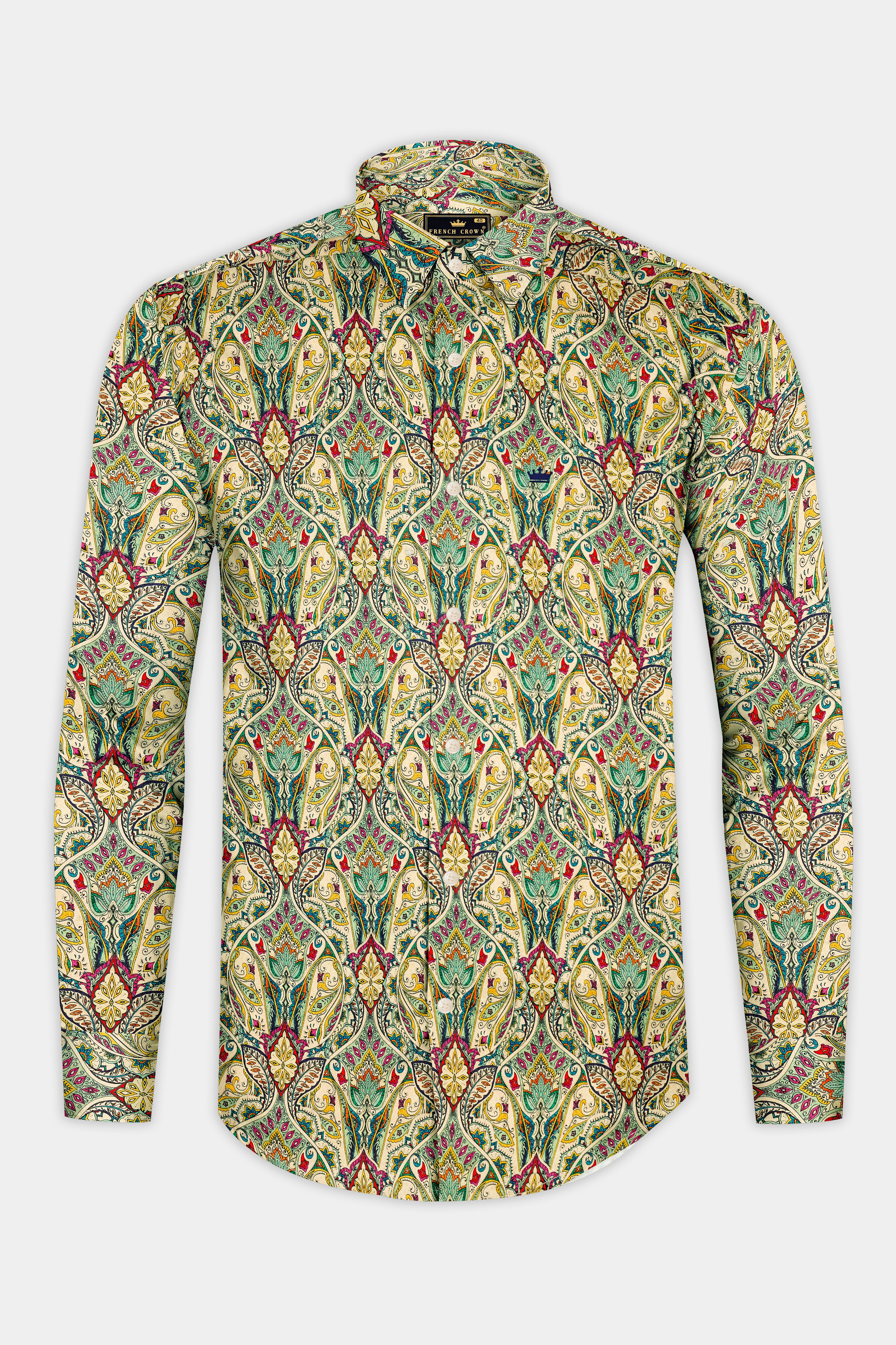 Mosaic-Sapling Cream And Algae Green Multicolor Paisley Printed Subtle Sheen Super Soft Premium Cotton Casual Shirt
