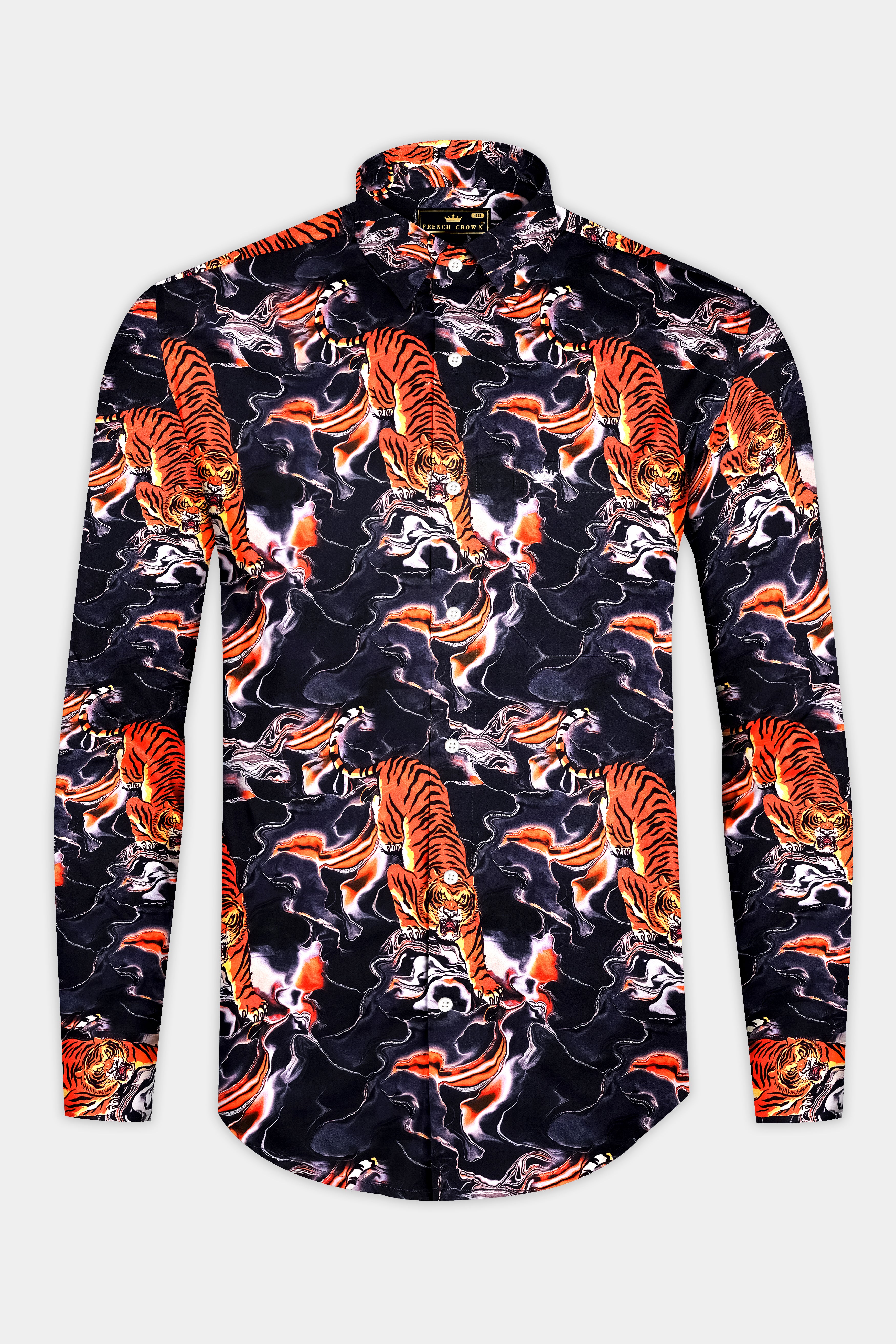Tigra-Cinder Blue And Tuscany Orange Fierce Tiger Swirl Printed Subtle Sheen Super Soft Premium Cotton Casual Shirt
