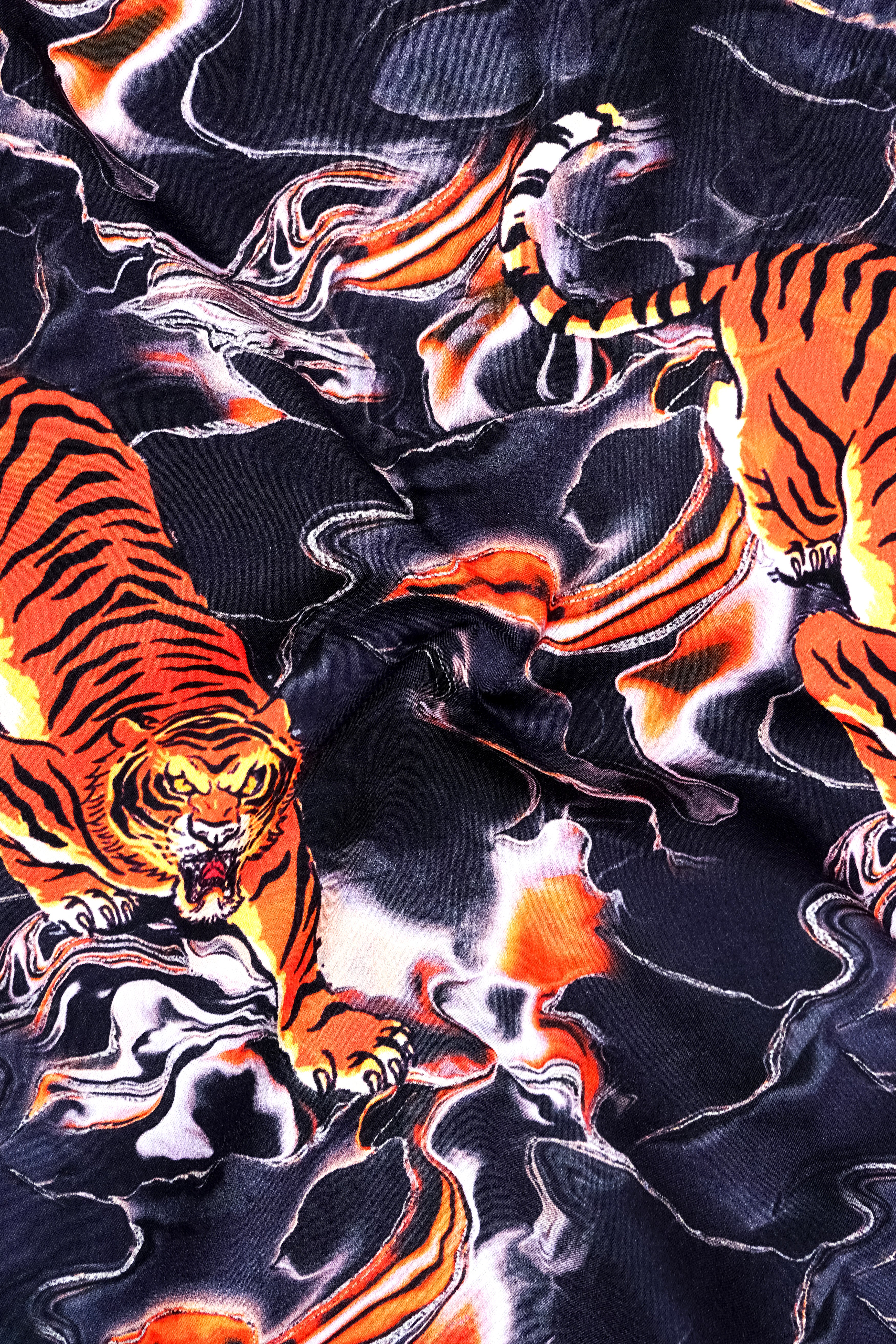 Tigra-Cinder Blue And Tuscany Orange Fierce Tiger Swirl Printed Subtle Sheen Super Soft Premium Cotton Casual Shirt