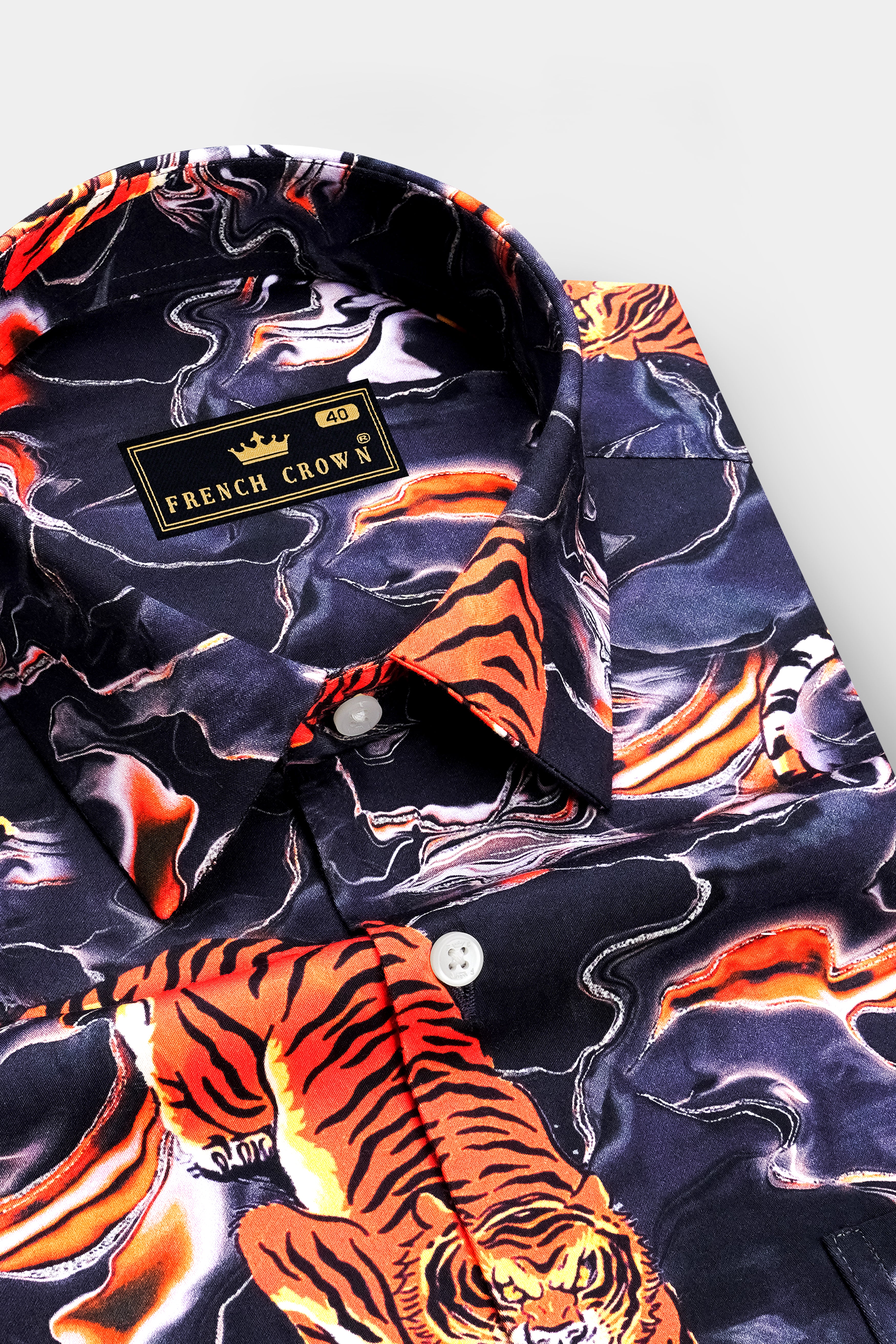 Tigra-Cinder Blue And Tuscany Orange Fierce Tiger Swirl Printed Subtle Sheen Super Soft Premium Cotton Casual Shirt