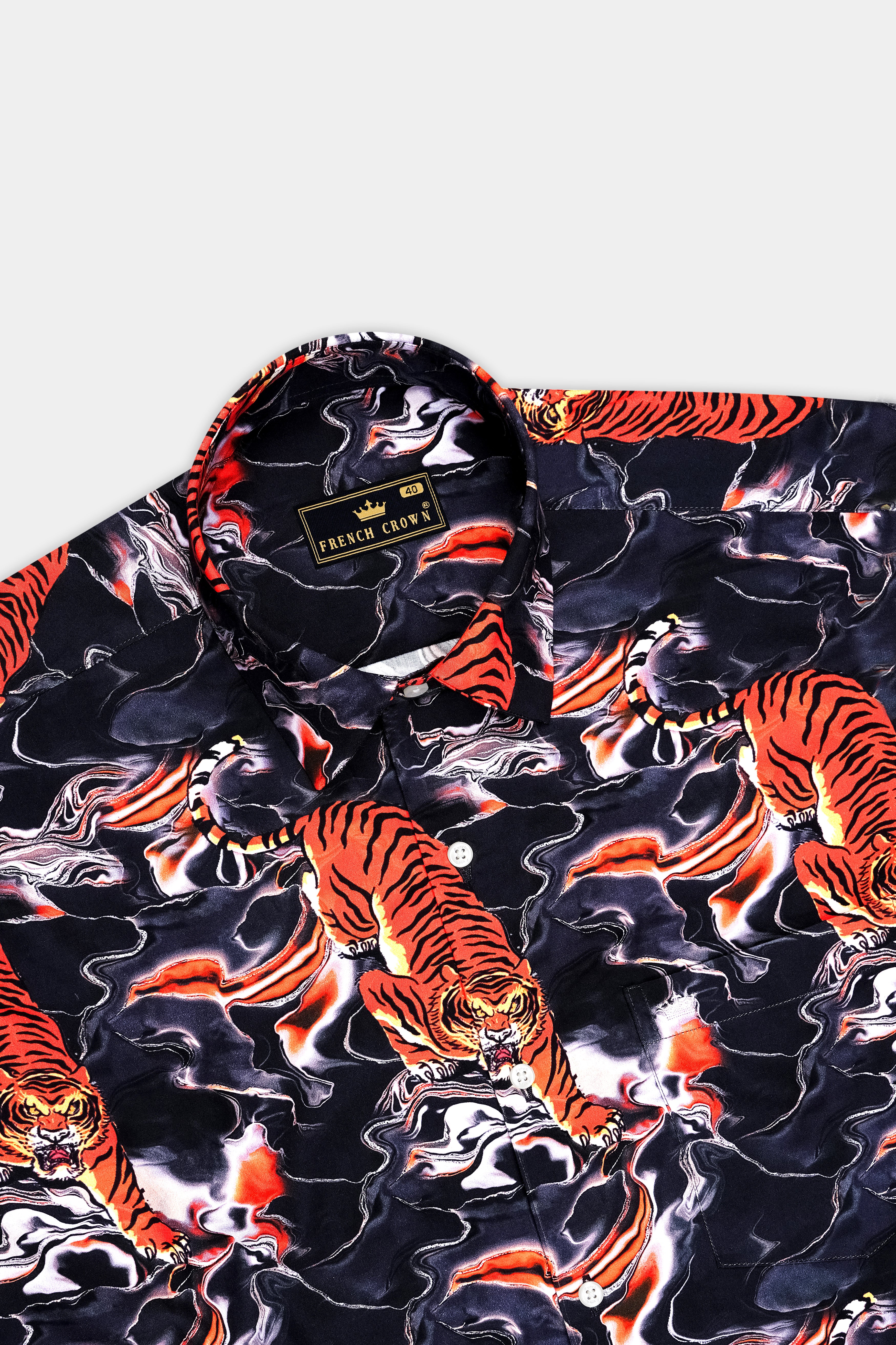 Tigra-Cinder Blue And Tuscany Orange Fierce Tiger Swirl Printed Subtle Sheen Super Soft Premium Cotton Casual Shirt